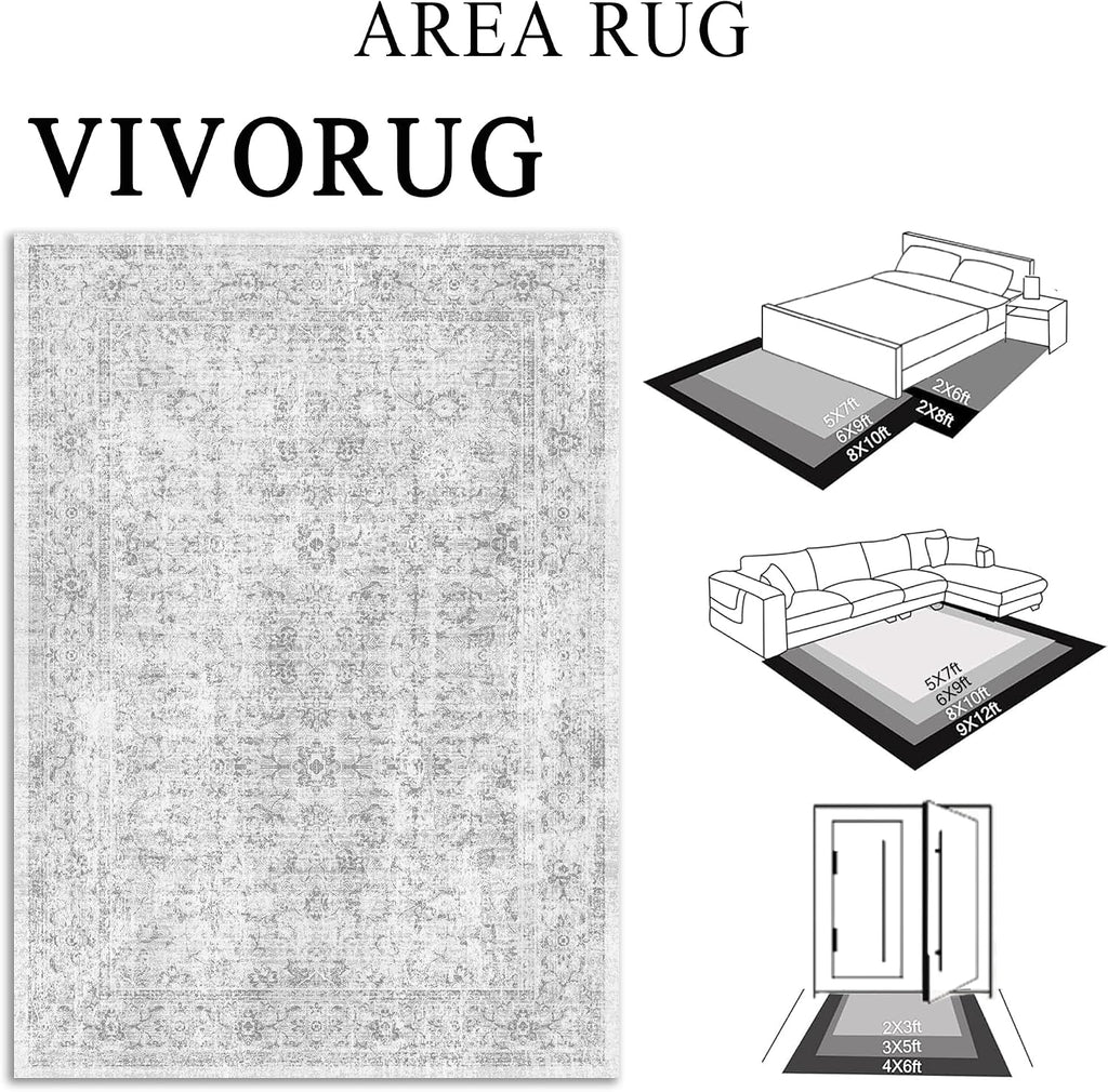 8x10 Area Rugs for Living Room, Non-Slip Backing Washable Rug 8x10, Grey Large Area Rug Soft Carpet for Bedroom Dining Room, Vintage Floral, Easy Clean, Durable, Low Pile Rug Under Table