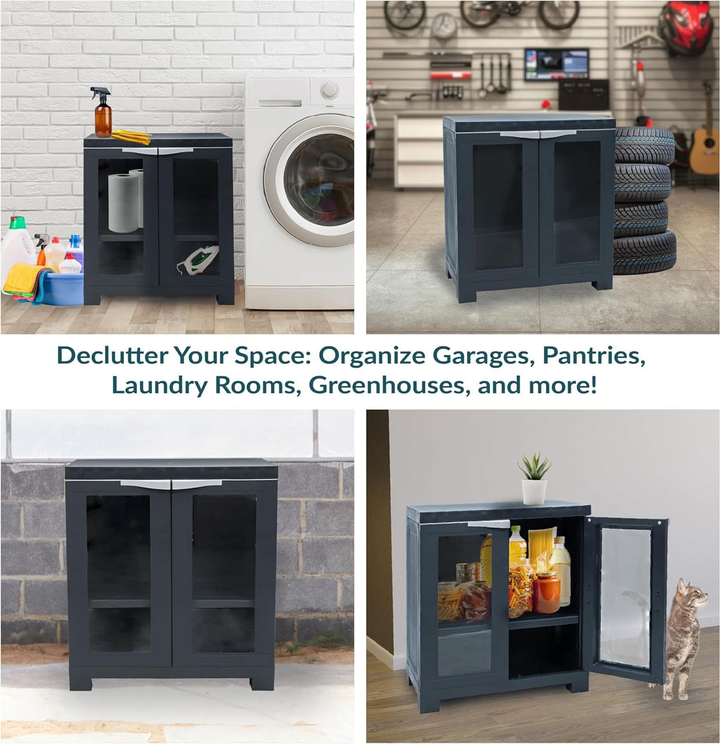 Sunnydaze 25.5' H Resin Garage Storage Cabinet - Garage Cabinet with 2 Acrylic Glass Doors - Freestanding Utility Storage for Laundry Room, Office, Basement - Charcoal