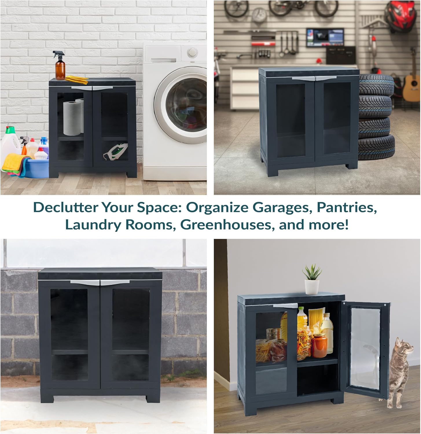 Sunnydaze 25.5' H Resin Garage Storage Cabinet - Garage Cabinet with 2 Acrylic Glass Doors - Freestanding Utility Storage for Laundry Room, Office, Basement - Charcoal