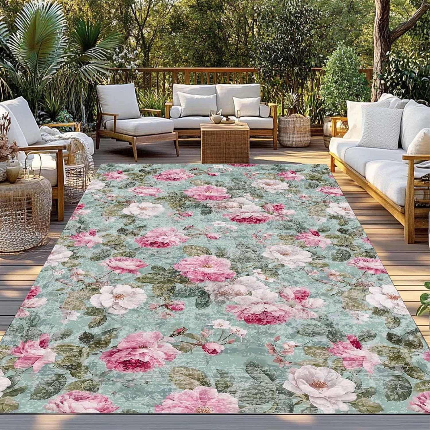 Vintage Spring Floral Outdoor Rug for Patio/Deck/Porch, Non-Slip Large Area Rug 6 x 9 Ft, Botanical Summer Pink Green Indoor Outdoor Rugs Washable Area Rugs, Reversible Camping Rug Carpet Runner