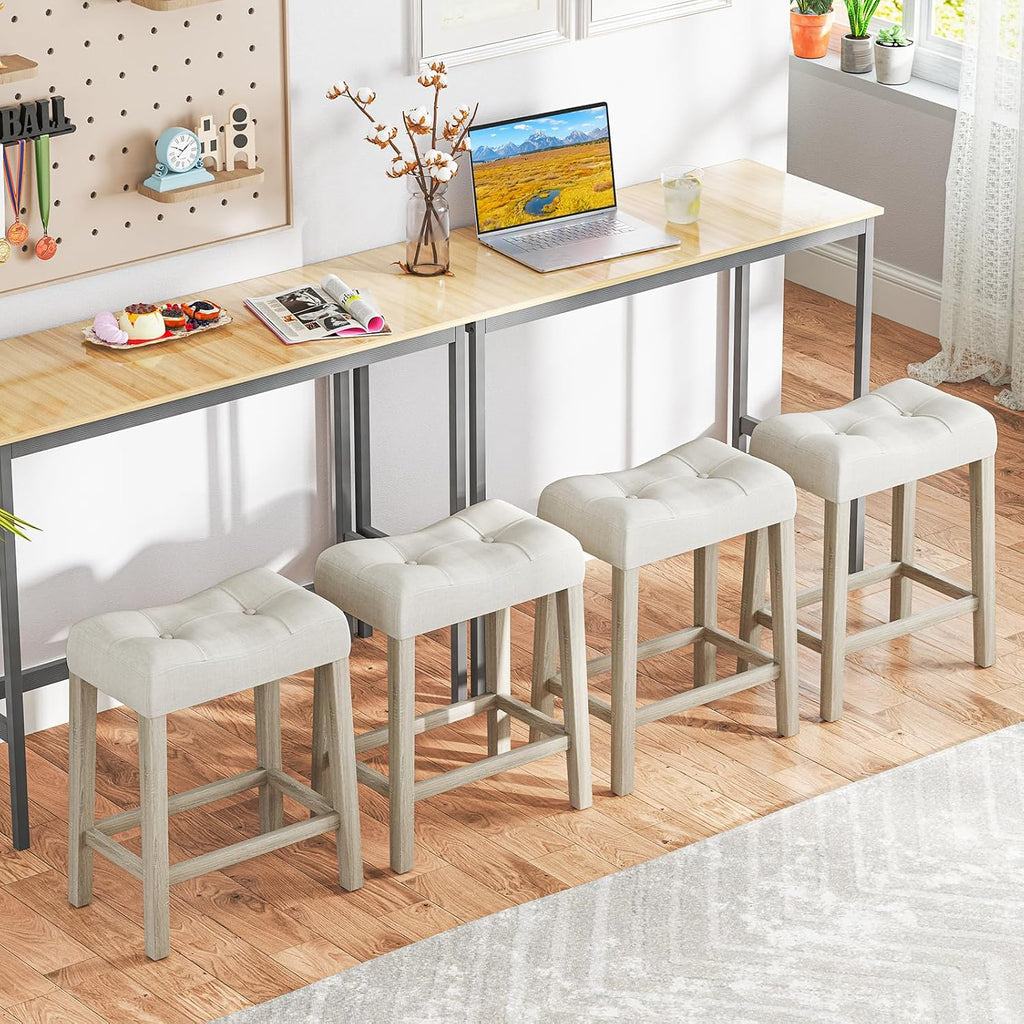 NAFORT Counter Height Saddle Stool Set of 4, Wooden Upholstered Stools Set with Rubber Wood Legs, High-Density Sponge Cushion, Non-Slip Pads, Backless Saddle Chair for Living Room, Kitchen, Pub, Beige
