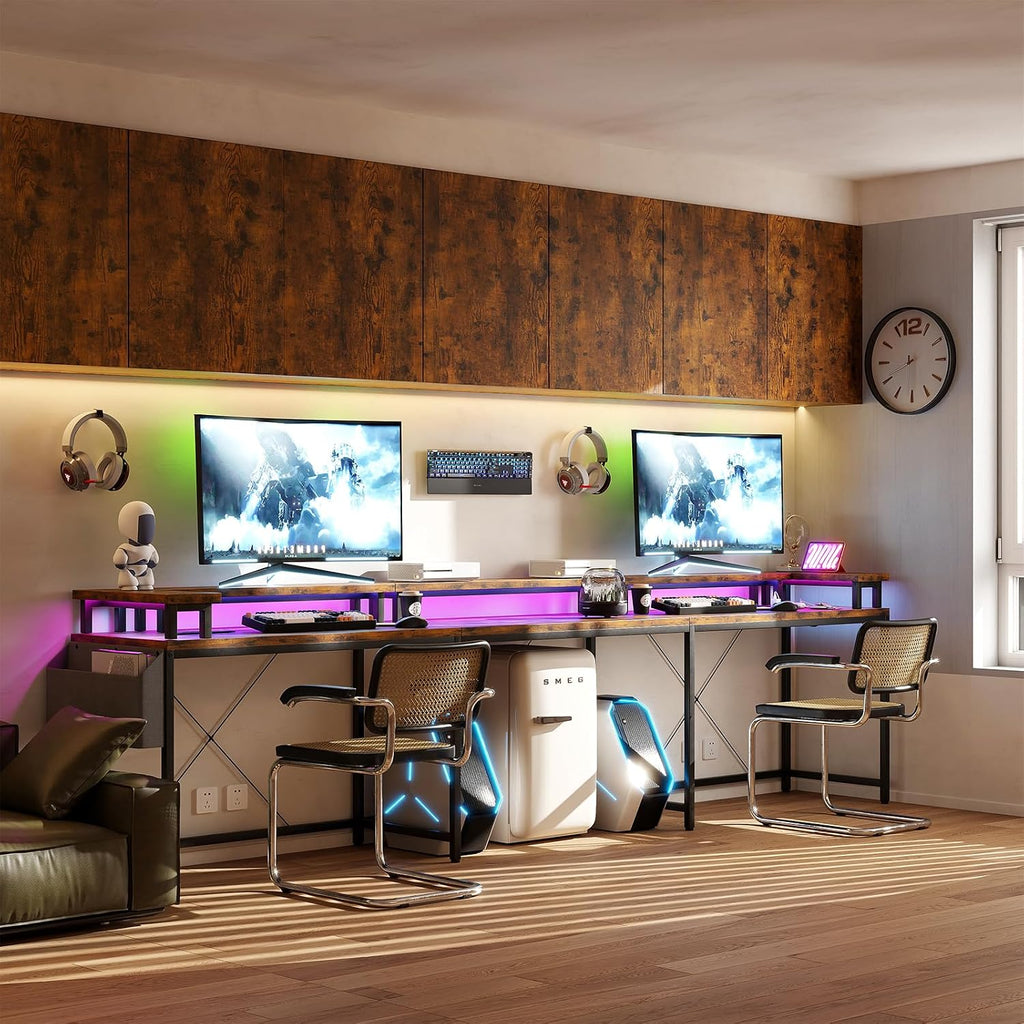 U Shaped Gaming Desk, 79' Reversible U Shaped Desk with Power Outlets, LED Lights, Monitor Stand & Storage Shelves, Corner Office Desk for Home Office, Gaming, Workstation (Tiger Stripes)