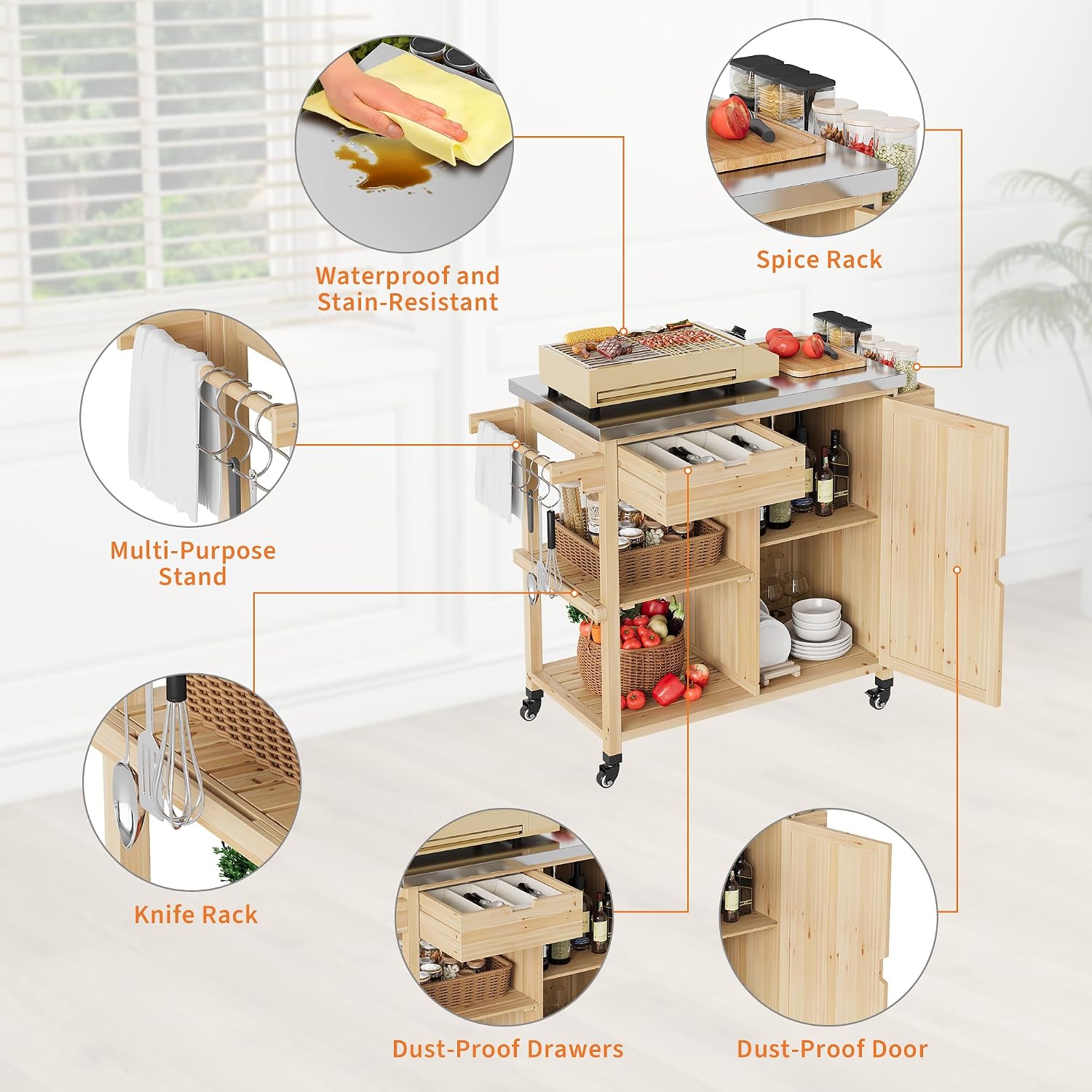 Solid Wood Outdoor Grill Cart Storage Cabinet Outdoor Grill Cart, BBQ Cart Prep Table with Stainless Steel Top, Drawer, & Open Shelves, Portable Rolling Kitchen Island for Patio, Garden, Backyard