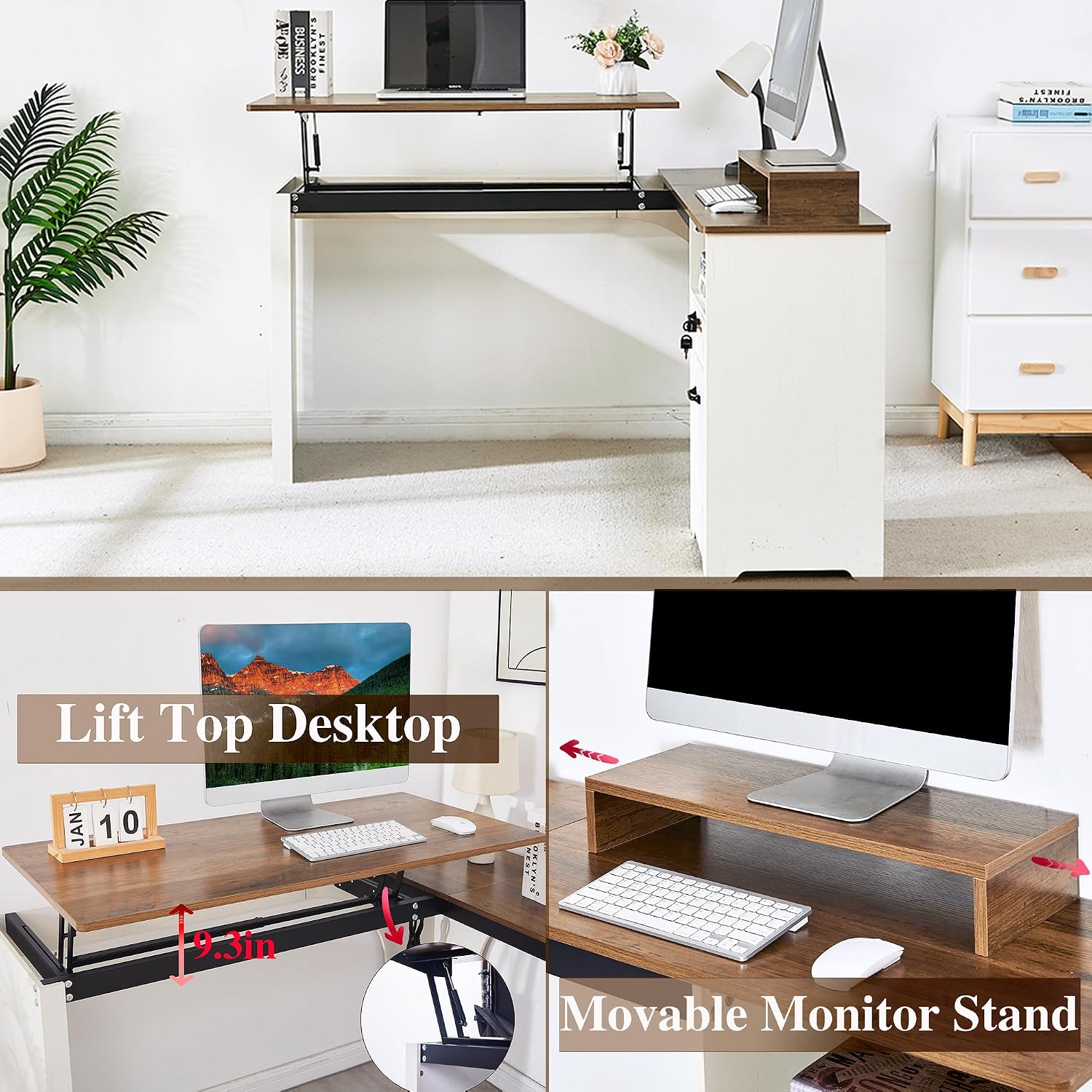 55' Farmhouse L-Shaped Desk with Lift Top,Movable Monitor Stand,L Shaped Standing Office Desk with Lockable Drawer & Adjustable File Drawer,Lift Top Computer Desk with Power Outlets