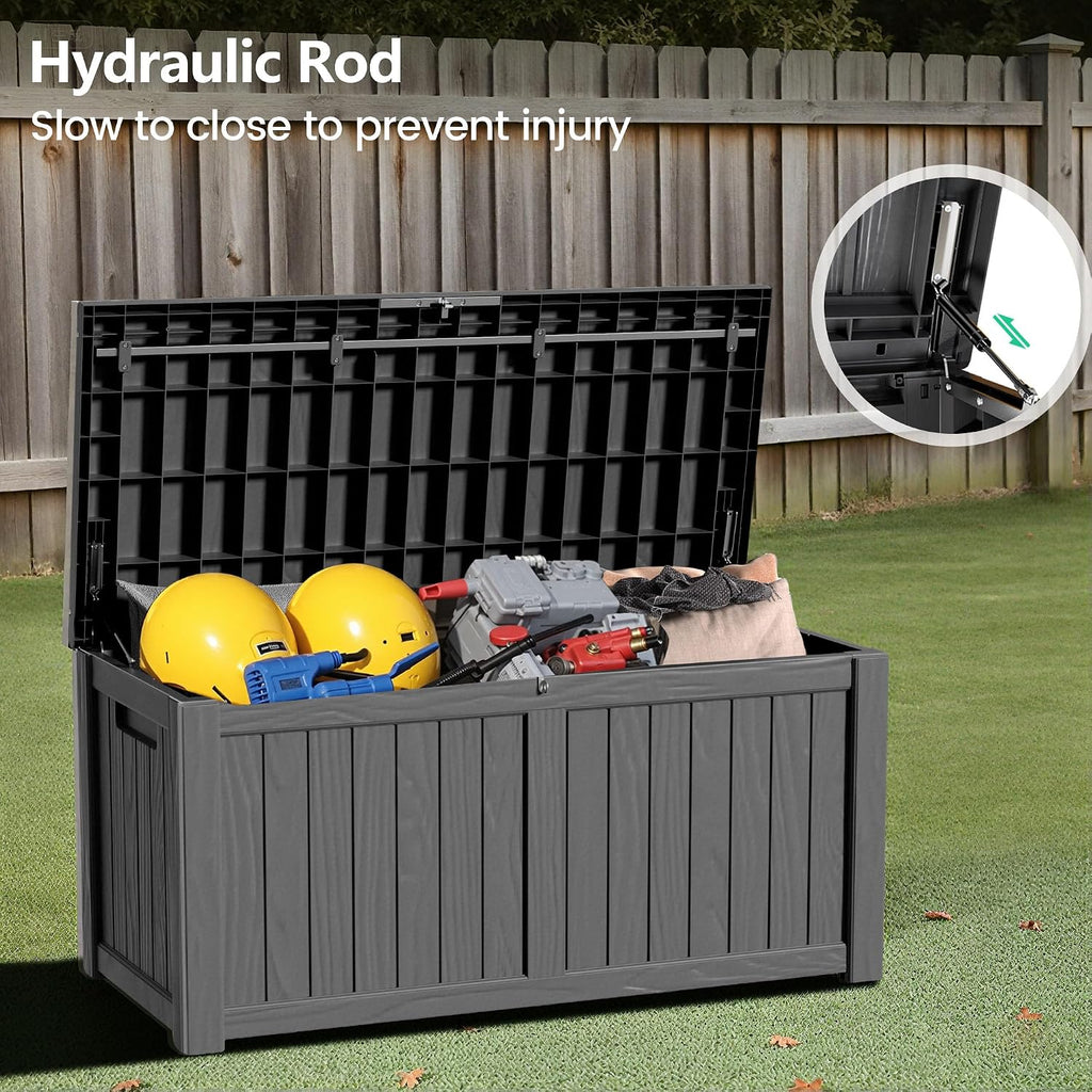 120 Gallon Outdoor Storage Box - Waterproof Resin Deck Box with Stainless Steel Rods - Lockable & Fade Resistant Storage Bin for Patio Cushions & Garden Tools, Black