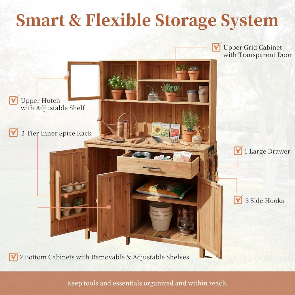 65' H Potting Bench with Hutch, Solid Fir Wood Patio Kitchen Island with Adjustable Shelves, 2-Tier Inner Spice Rack in Door, Side Hook and Drawer, Large Countertop, Magnetic Stoppers (Natural-115)