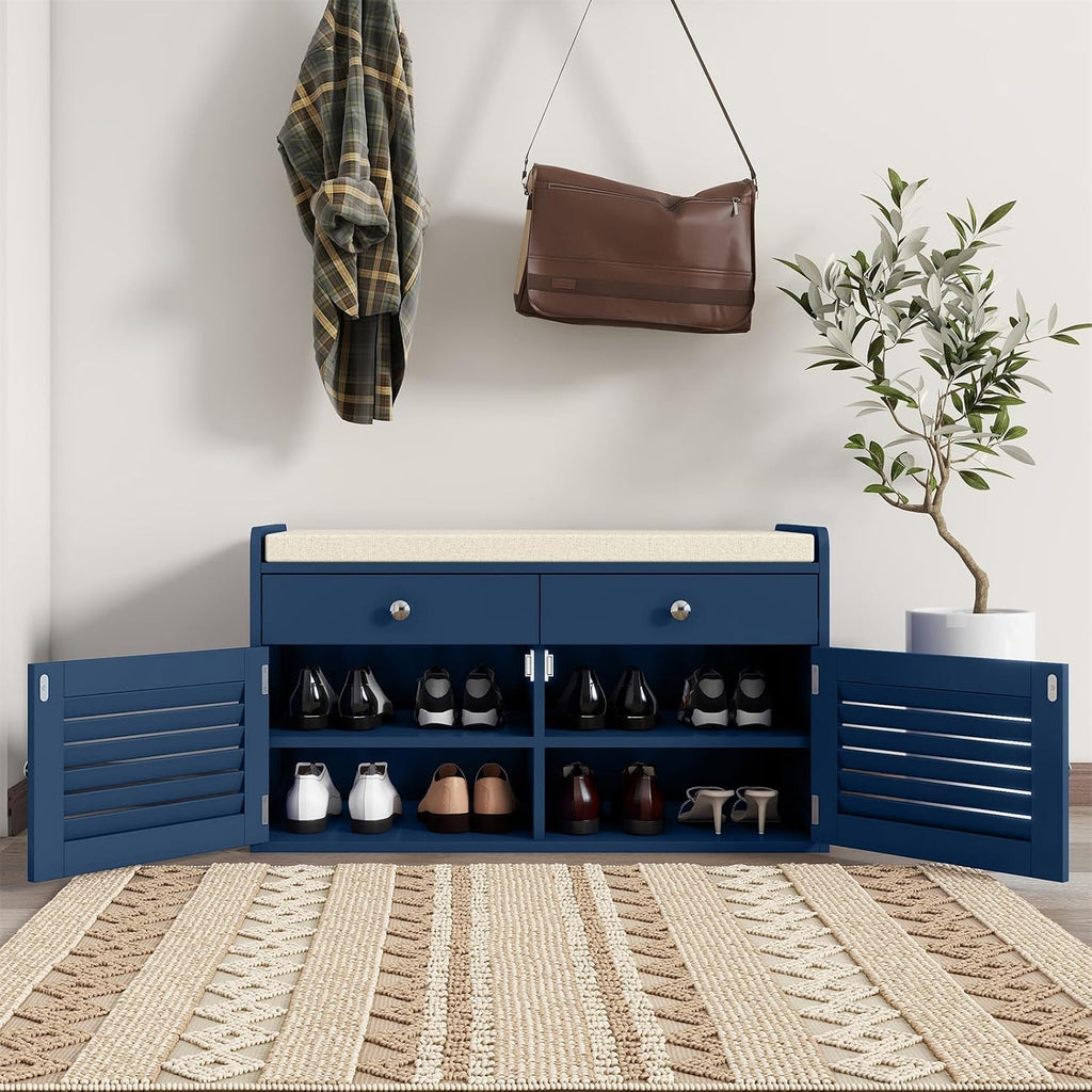 WARMHONIU Shoe Storage Bench with 2 Drawers, Entryway Bench with Cushion, Adjustable Shelves, Shoe Rack Bench with Louvered Doors for Entryway, Bedroom, Hallway, Blue