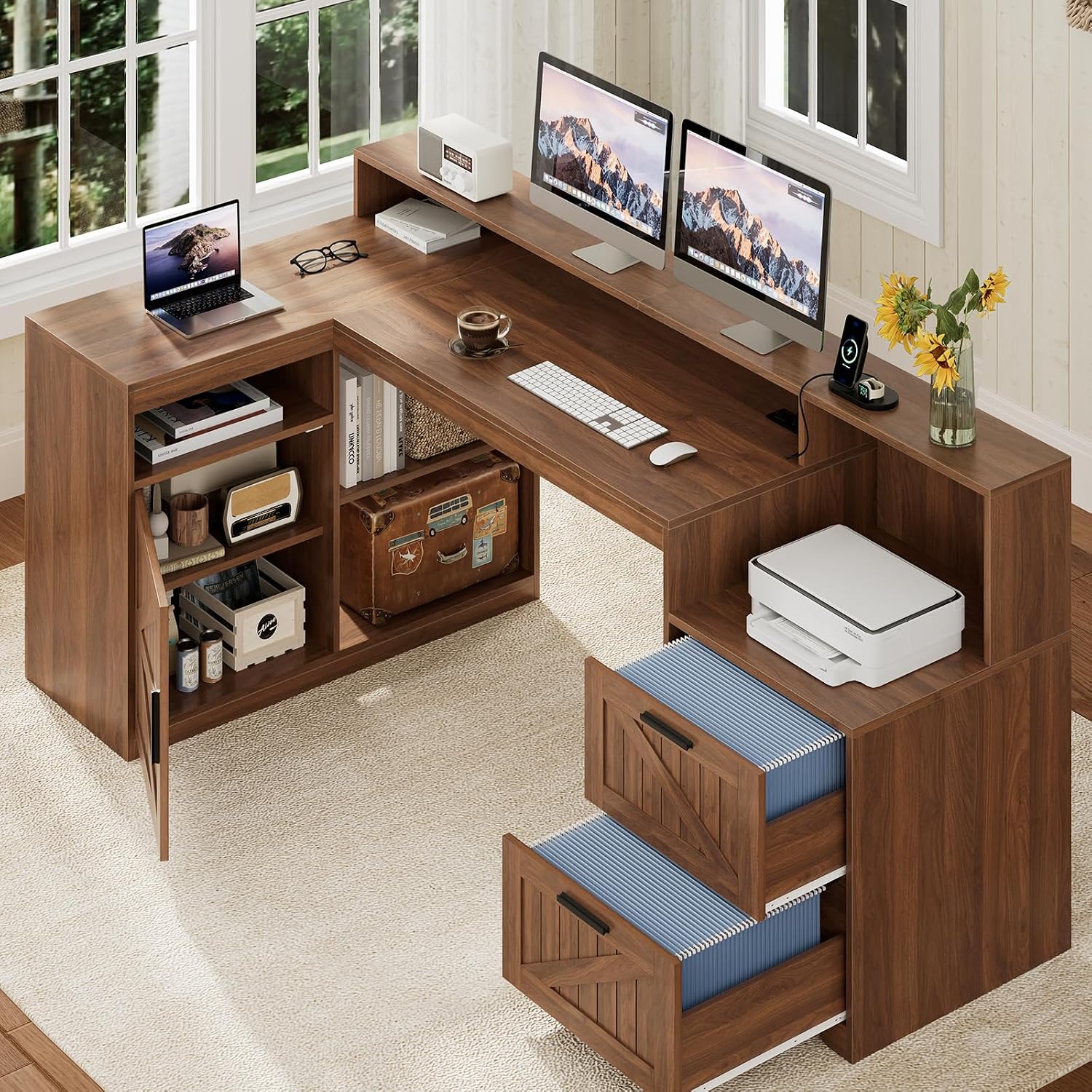 TVU Farmhouse L Shaped Desk with Drawers, 62.2' Home Office Desk with Storage Shelves and Power Outlet, L Shaped Computer Desk with Monitor Stand and Printer Shelf, Brown