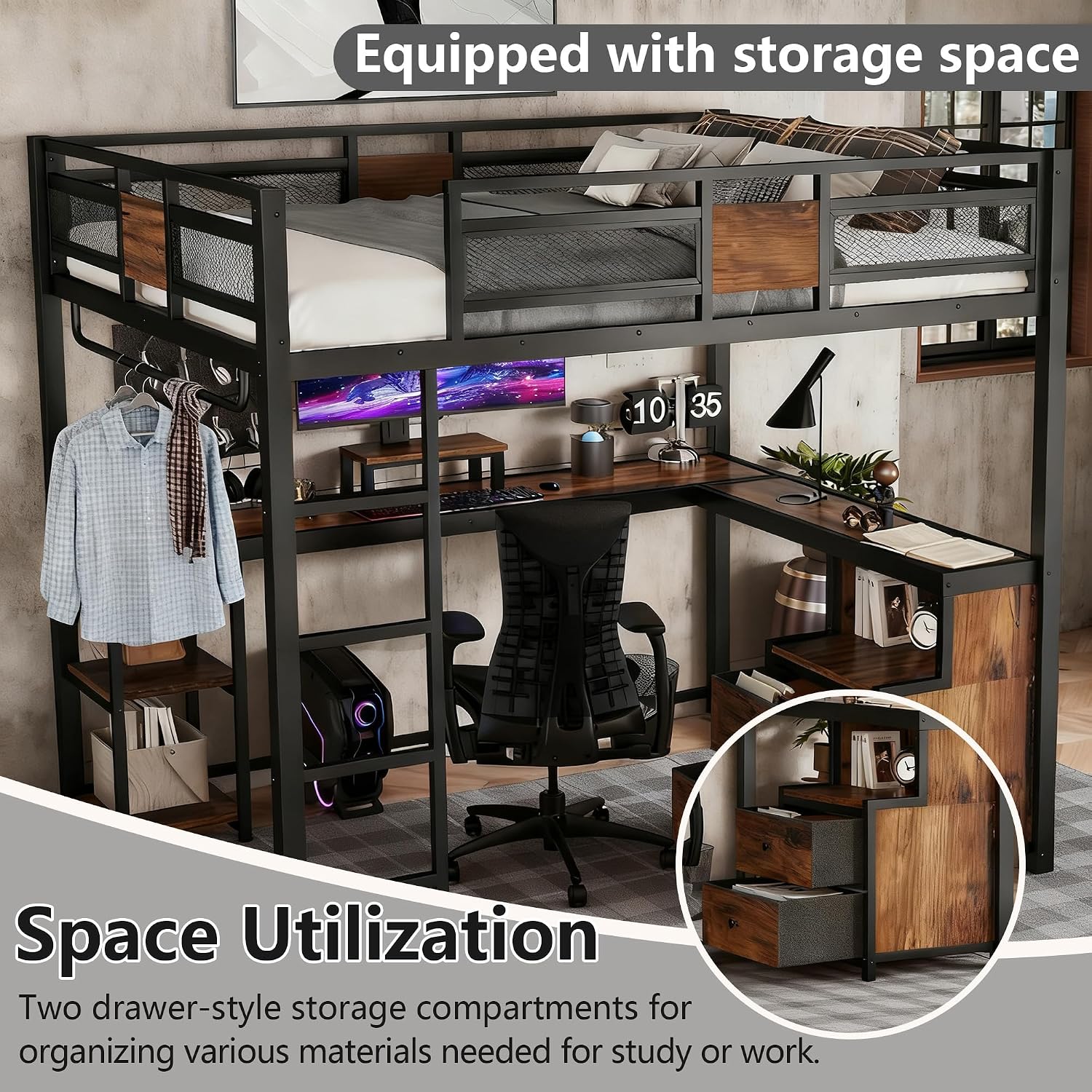 Bellemave Queen Size Loft Bed with Desk & 2 Fabric Drawers, Metal Queen Loft Bed Frame with Shelves, Computer Monitor Stand & Hanger Rod for Teens, Noise-Reduced Design, Black