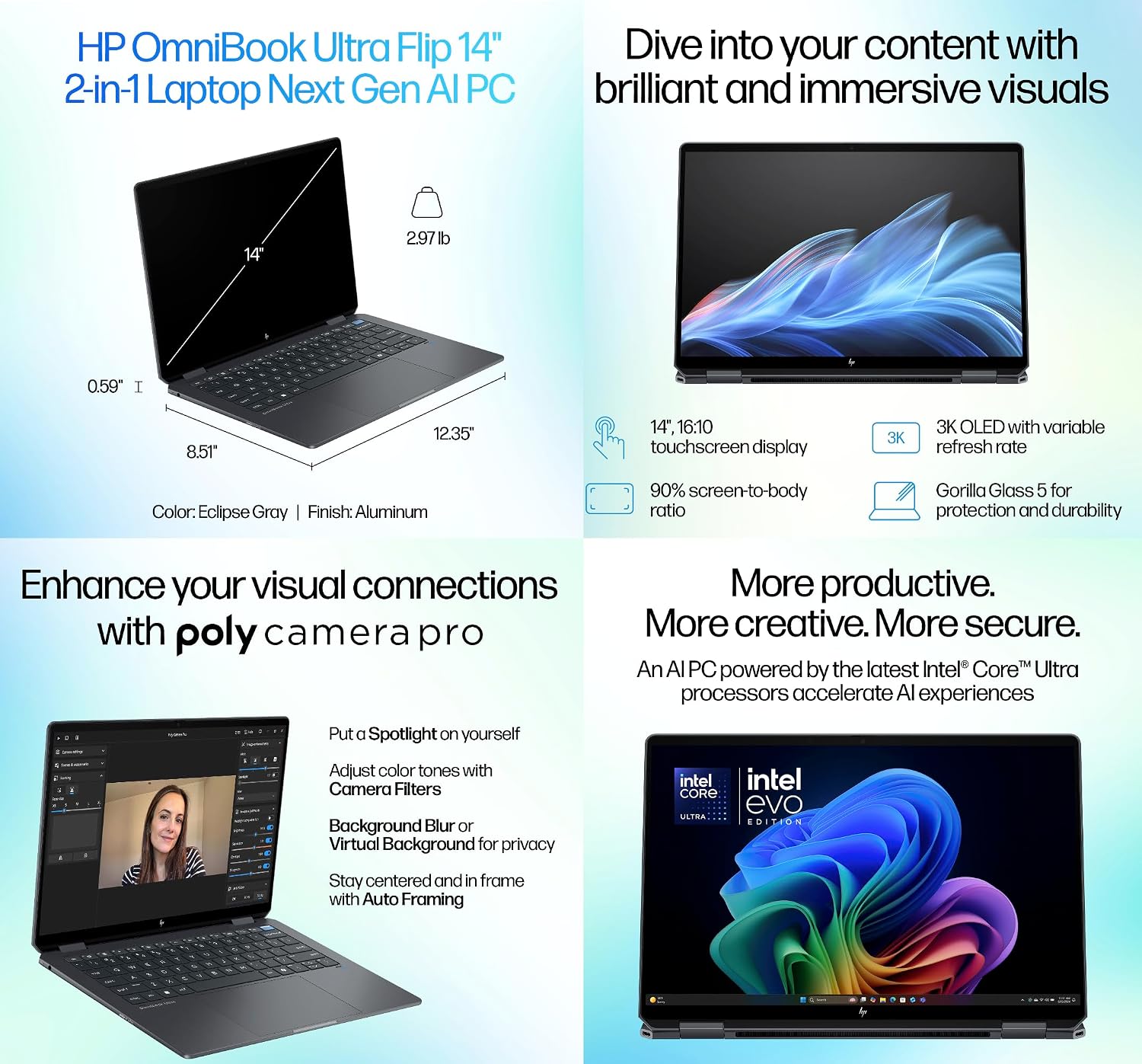 HP Omnibook Ultra Flip Creator 2-in-1 Laptop 14.0' Touchscreen OLED 2.8K Display (Intel Ultra 7-258V, 32GB LPDDR5X, 1TB PCIe SSD, Backlit KB, Active Pen, Fingerprint, Win 11 Pro) w/Dockztorm Hub