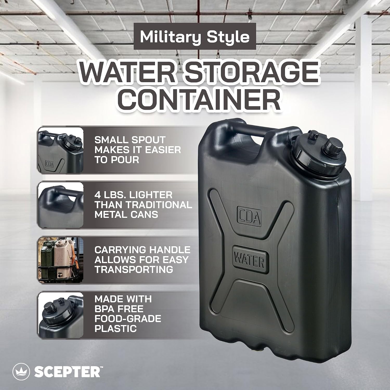 Scepter 8-Pack Military Water Container for Camping/Emergency/Off-Road, 5 Gallon, Black