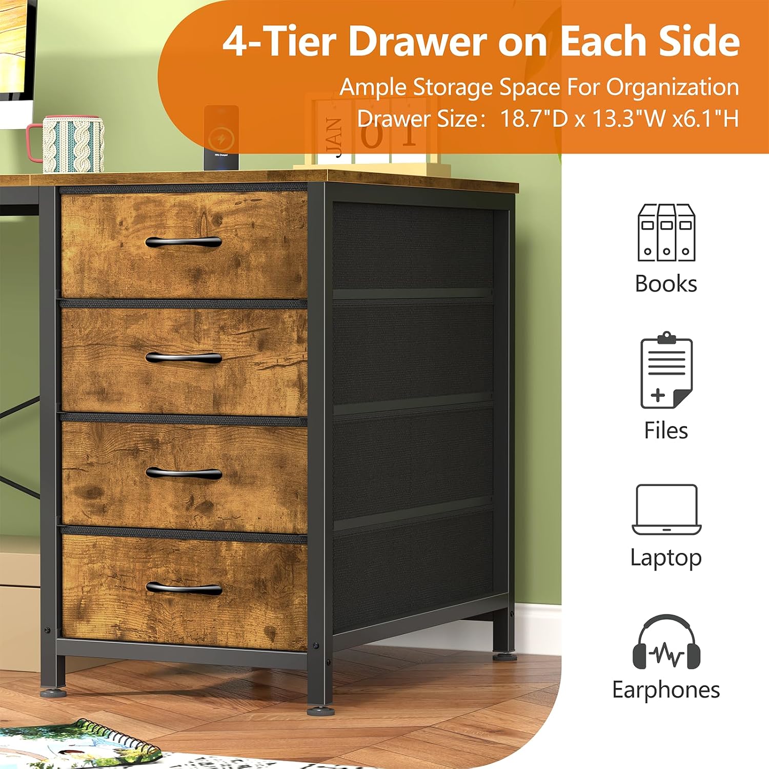 YOMILUVE 60 Inch Computer Desk with 8 Drawers, Home Office Desk with Power Outlets, Work Study Gaming Desk with 8 Fabric Drawers, Rustic Brown