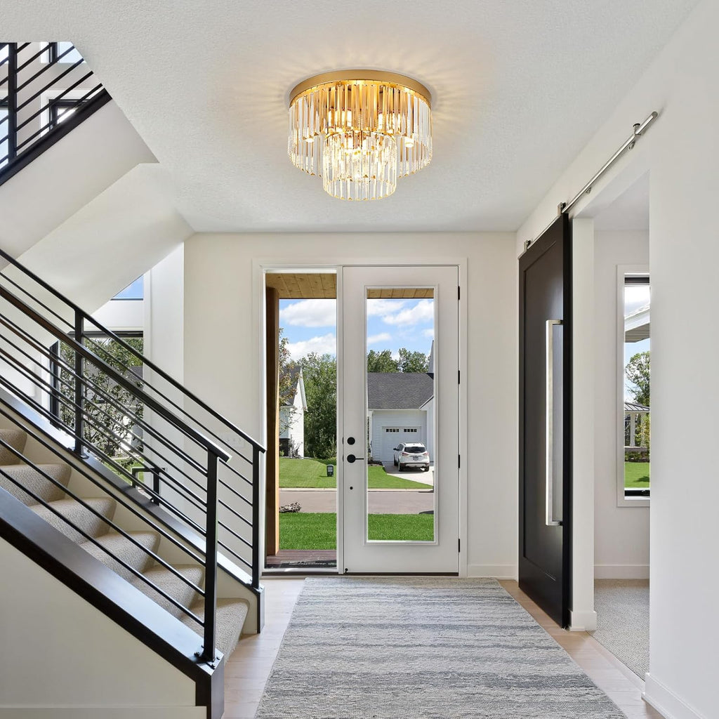 17' Gold Crystal Ceiling Light 9-Light Modern Crystal Light Fixture 2-Tier Luxury K9 Crystal Ceiling Light,for Dining Room Kitchen Island Living Room Bedroom