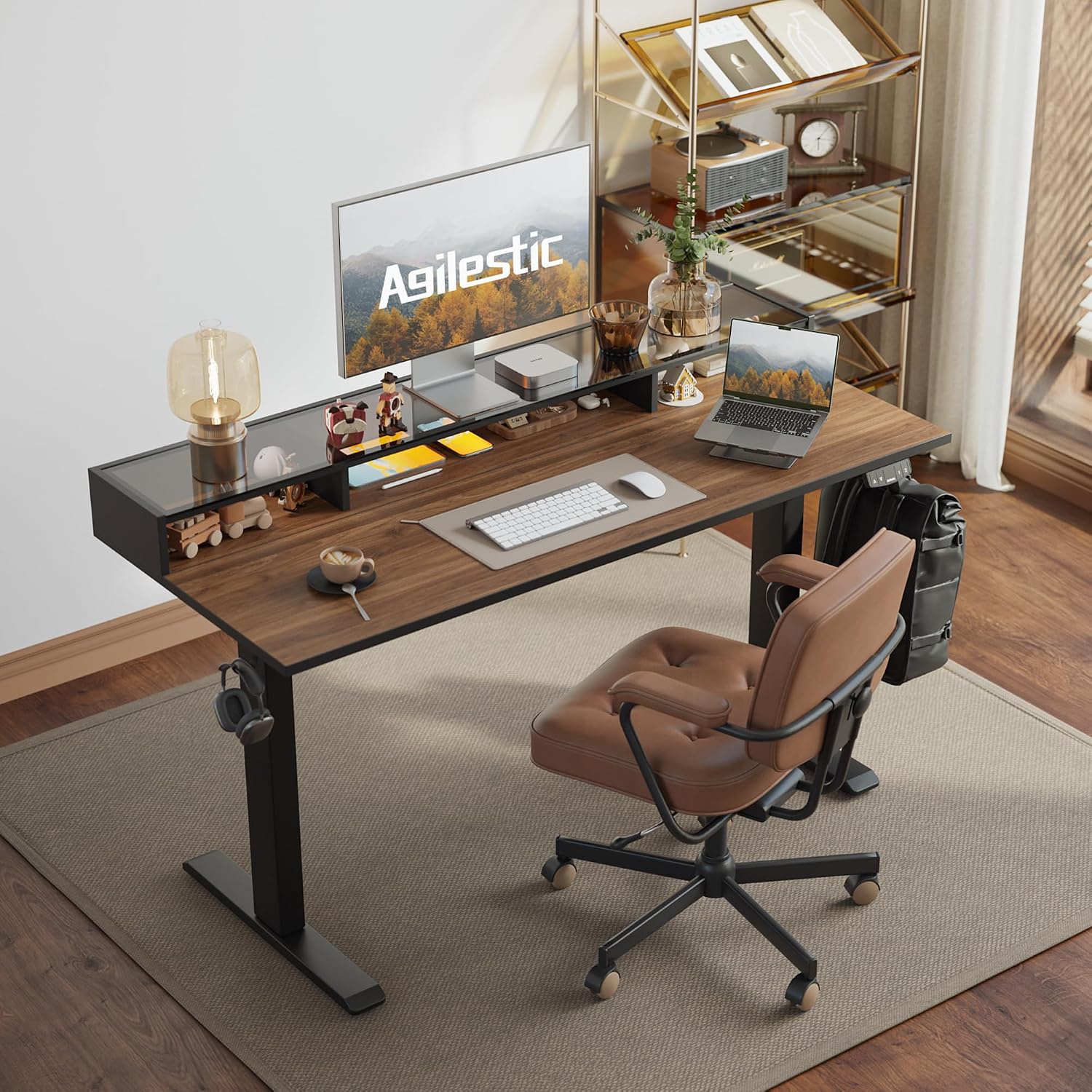 Agilestic 48 x 24 Inches Electric Standing Desk with Storage, Adjustable Height Sit and Stand Computer Table with Glass Shelf, Splice Board, Dark Walnut