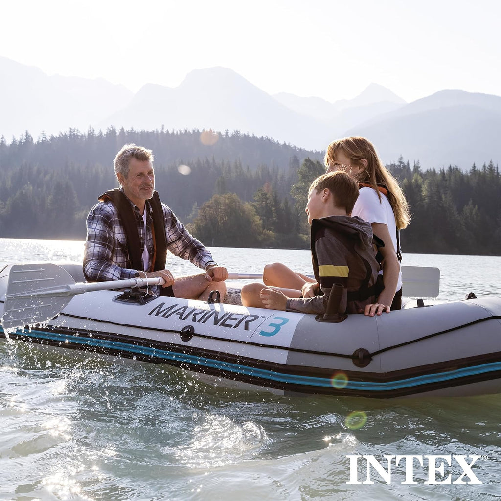 INTEX Mariner Inflatable Boat Series: Includes Deluxe Boat Oars and High-Output Pump – SuperTough PVC – Wear-Resistant Keel – Removable Fishing Rod Holders – Heavy Duty Grab Handle