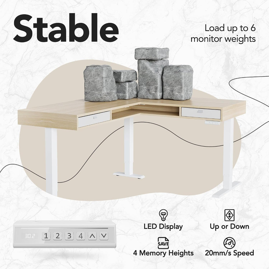 HUANUO Electric L Shaped Standing Desk, 63″ Height Adjustable Corner Standing Desk with 2 Under Desk Drawers & Open Storage Sapce, Stand Up Table with Power Strip Tray & Cable Grommets, Light Walnut