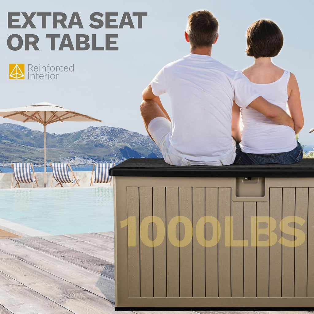DWVO 260 Gallon Double-Wall Deck Box with Divider, XXL Extra Large Resin Outdoor Storage Box, Lockable & Waterproof, Double as Seating, 1000lbs Capacity (Black&Brown)