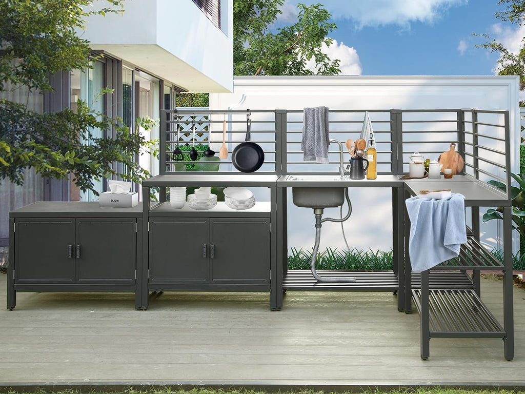 Domi 5-Piece Outdoor Kitchen Island with Storage, Aluminum Kitchen Islands Stainless Steel Sink w/Faucet, Corner Bar Storage Cabinet, Outdoor Kitchen with Protective Cover for Deck, Patio