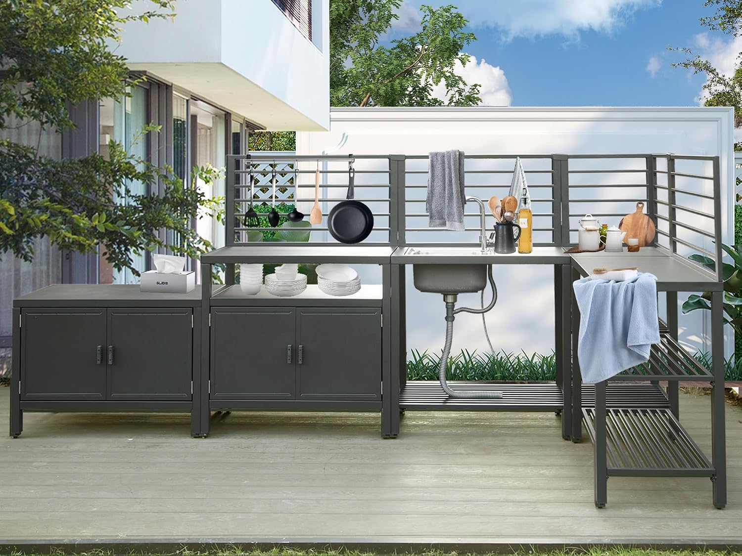 Domi 5-Piece Outdoor Kitchen Island with Storage, Aluminum Kitchen Islands Stainless Steel Sink w/Faucet, Corner Bar Storage Cabinet, Outdoor Kitchen with Protective Cover for Deck, Patio