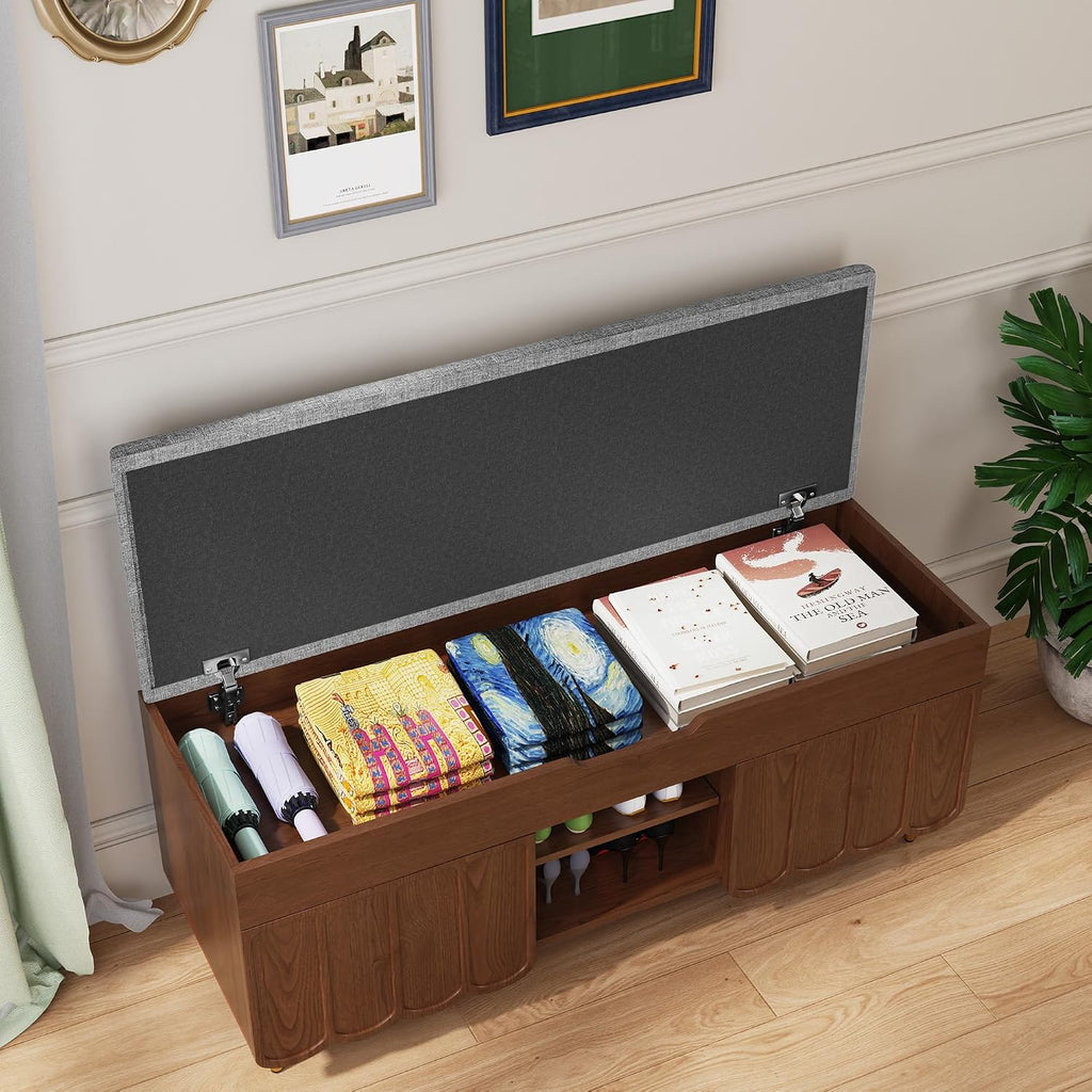 3More 40' Entryway Shoe Storage Bench,Upholstered Hidden Space Beneath Seat Cushion Bench,2-Tier Unique Geometric Shape with Wood Grain,Walnut