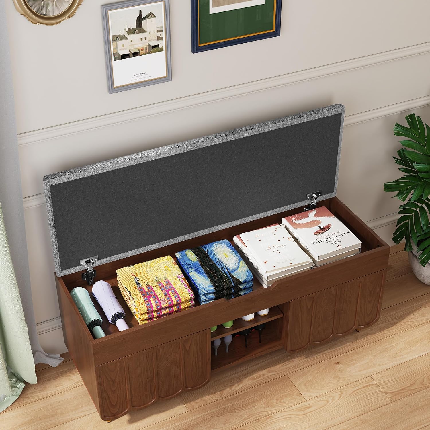 3More 40' Entryway Shoe Storage Bench,Upholstered Hidden Space Beneath Seat Cushion Bench,2-Tier Unique Geometric Shape with Wood Grain,Walnut