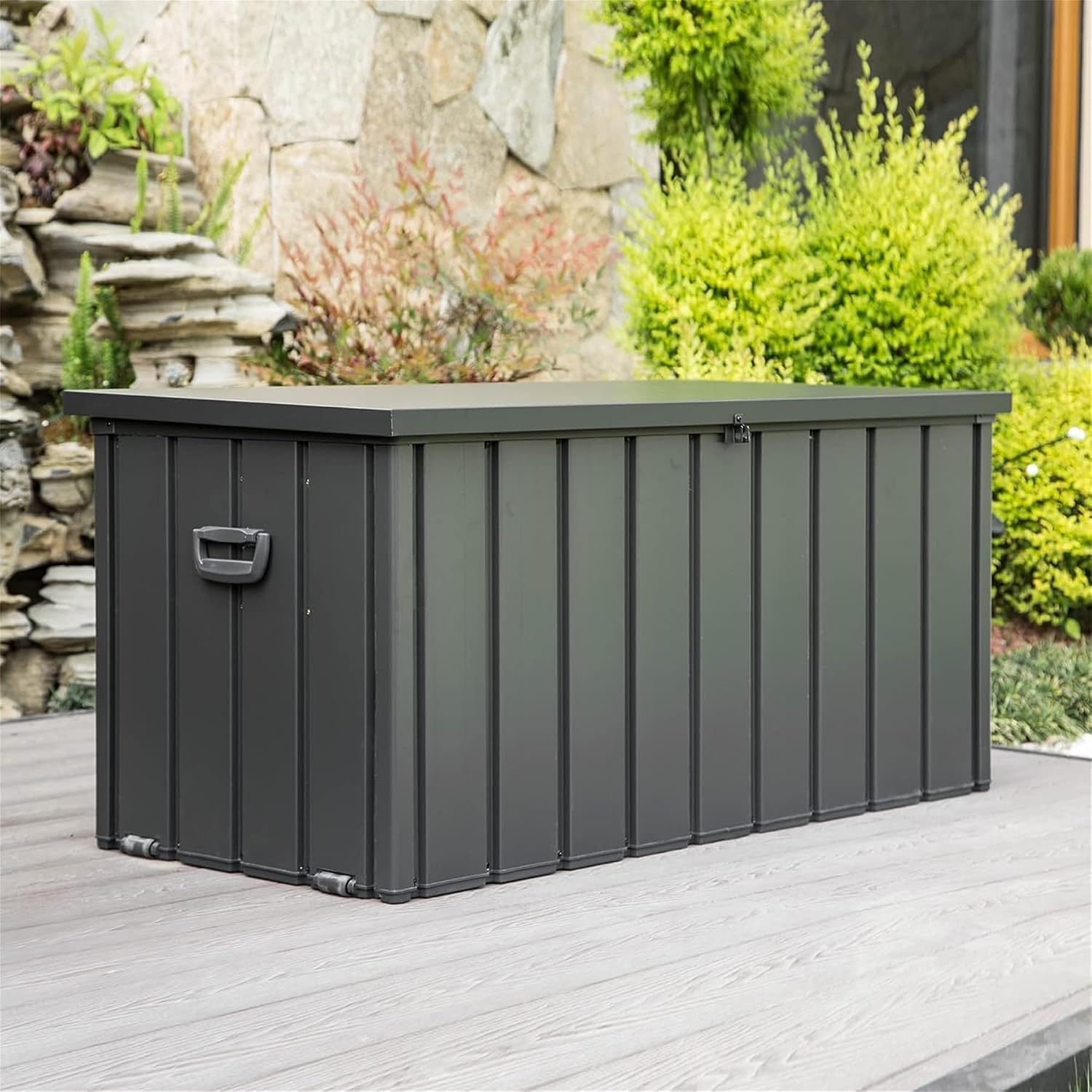 100 Gallon Metal Deck Box, Outdoor Storage Box Waterproof with Wheels, Lockable Storage Container for Patio Furniture Cushions Garden Tools, Dark Gray