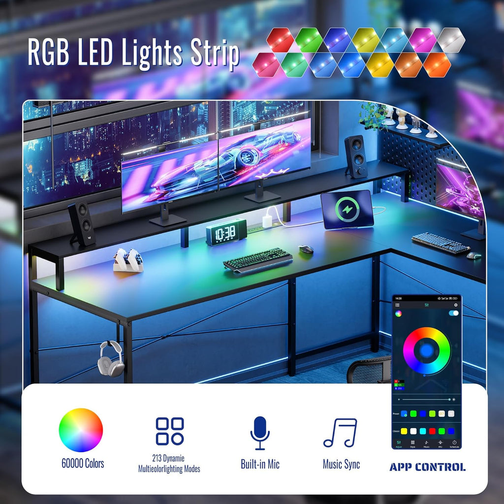 Pamray 64 Inch L Shaped Gaming Desk with Power Outlets and Led Lights, Large Corner Computer Desk with Monitor Stand and Pegboard, PC Table for Home Office and Bedroom White