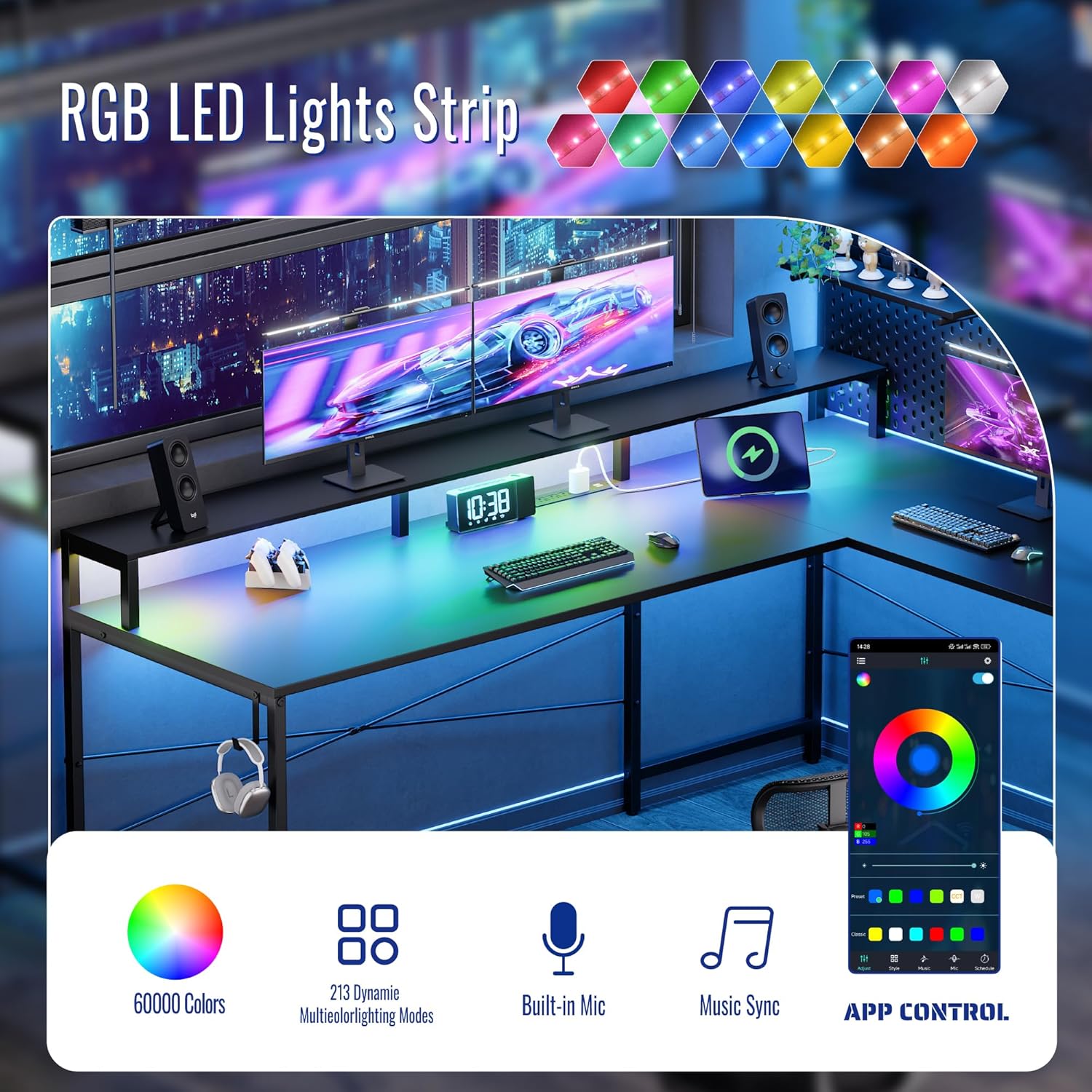 Pamray 64 Inch L Shaped Gaming Desk with Power Outlets and Led Lights, Large Corner Computer Desk with Monitor Stand and Pegboard, PC Table for Home Office and Bedroom White