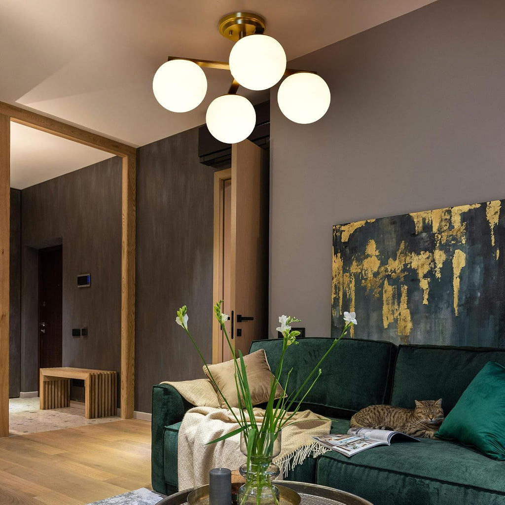 Aged Brass Semi Flush Mount Ceiling Light, 4-Ligh Modern Kitchen Lighting Fixtures with Globe Glass Shade, Hallway Light Fixtures Ceiling Mount for Dining Room, Living Room, Bedroom, Foyer