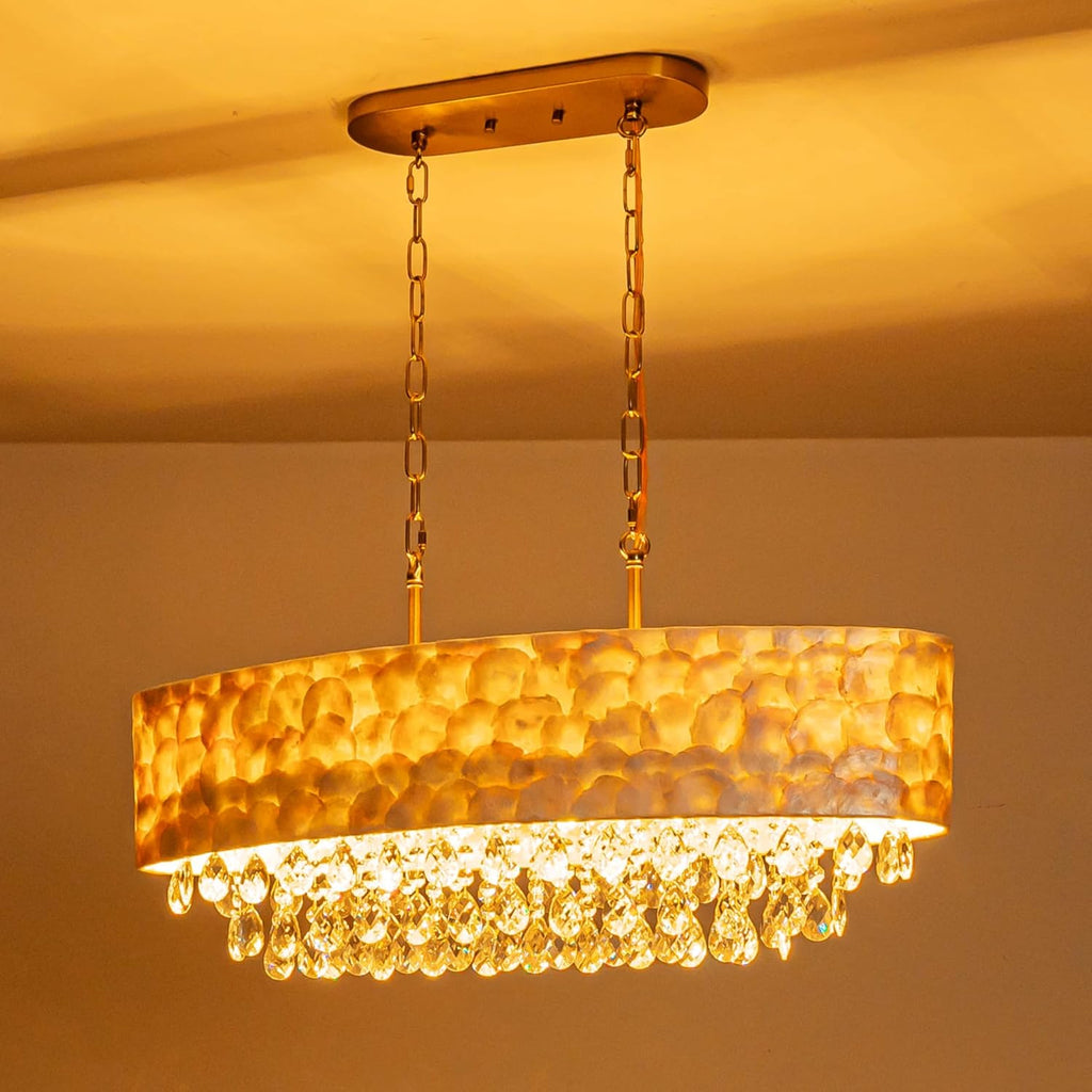 LumFurn 6-Light Oval Capiz Shell Crystal Linear Chandeliers, Coastal Design Light Fixture for Dining Room, Kitchen Island, L32xW12xH19~65in(Adjustable), K9 Crystal, Shell Lampshade & Brass Finish