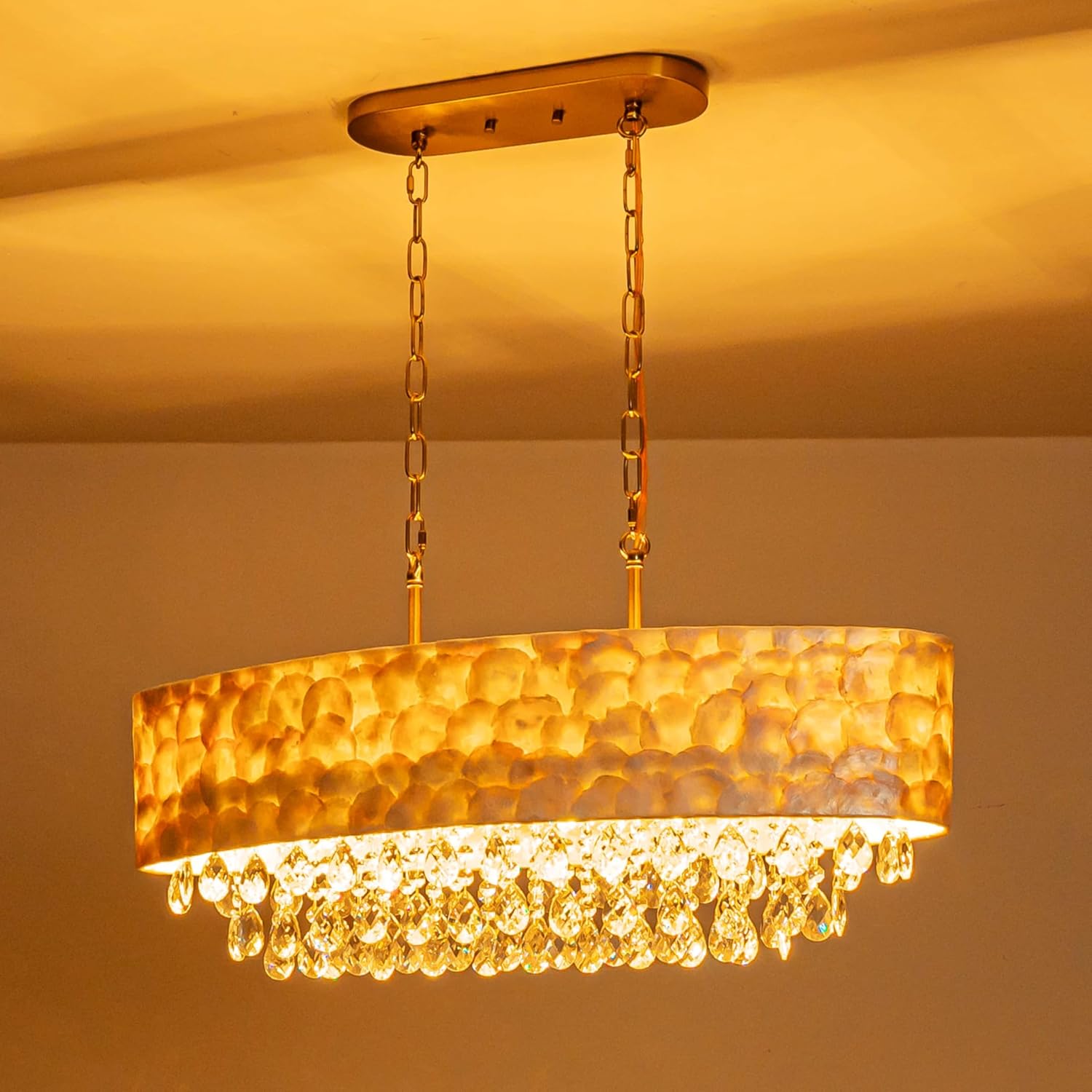 LumFurn 6-Light Oval Capiz Shell Crystal Linear Chandeliers, Coastal Design Light Fixture for Dining Room, Kitchen Island, L32xW12xH19~65in(Adjustable), K9 Crystal, Shell Lampshade & Brass Finish