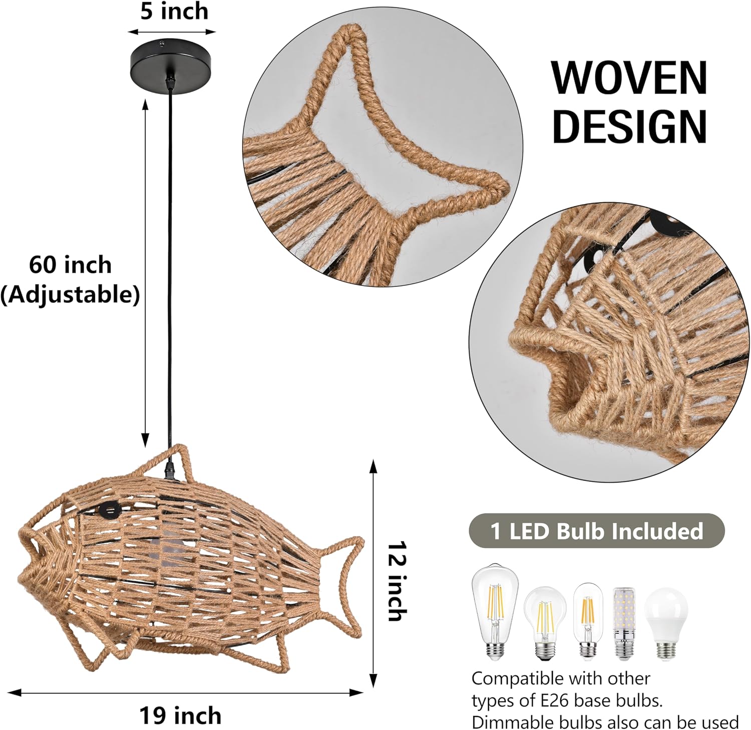 Woven Pendant Light Boho Chandelier Fish-Shaped Rustic Farmhouse Chandelier Hemp Rope Light Rattan Light Fixture for Dining Room Living Room Bedroom Kitchen Foyer(Bulb Included)