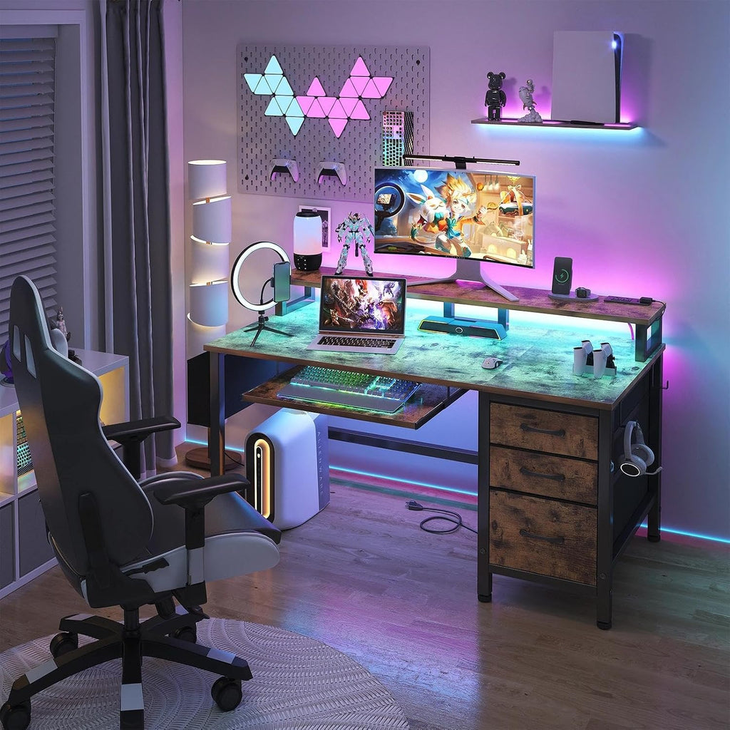 Lufeiya Gaming Desk with LED Lights and Power Outlets, 47 Inch Home Office Desks with Keyboard Tray, Computer Desk with File Drawers Cabinet, Writing Table PC Desks with Monitor Stand, Rustic Brown