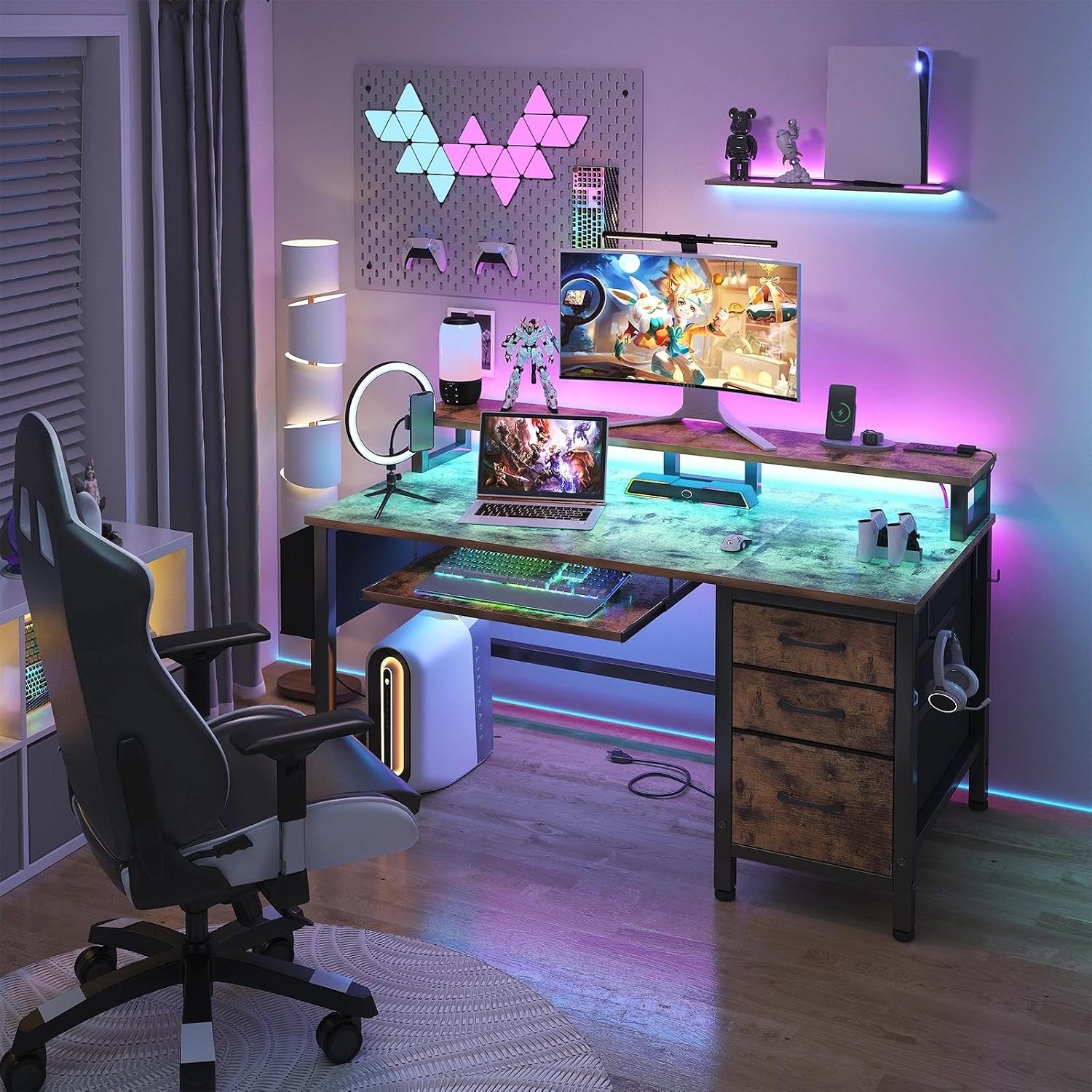 Lufeiya Gaming Desk with LED Lights and Power Outlets, 47 Inch Home Office Desks with Keyboard Tray, Computer Desk with File Drawers Cabinet, Writing Table PC Desks with Monitor Stand, Rustic Brown