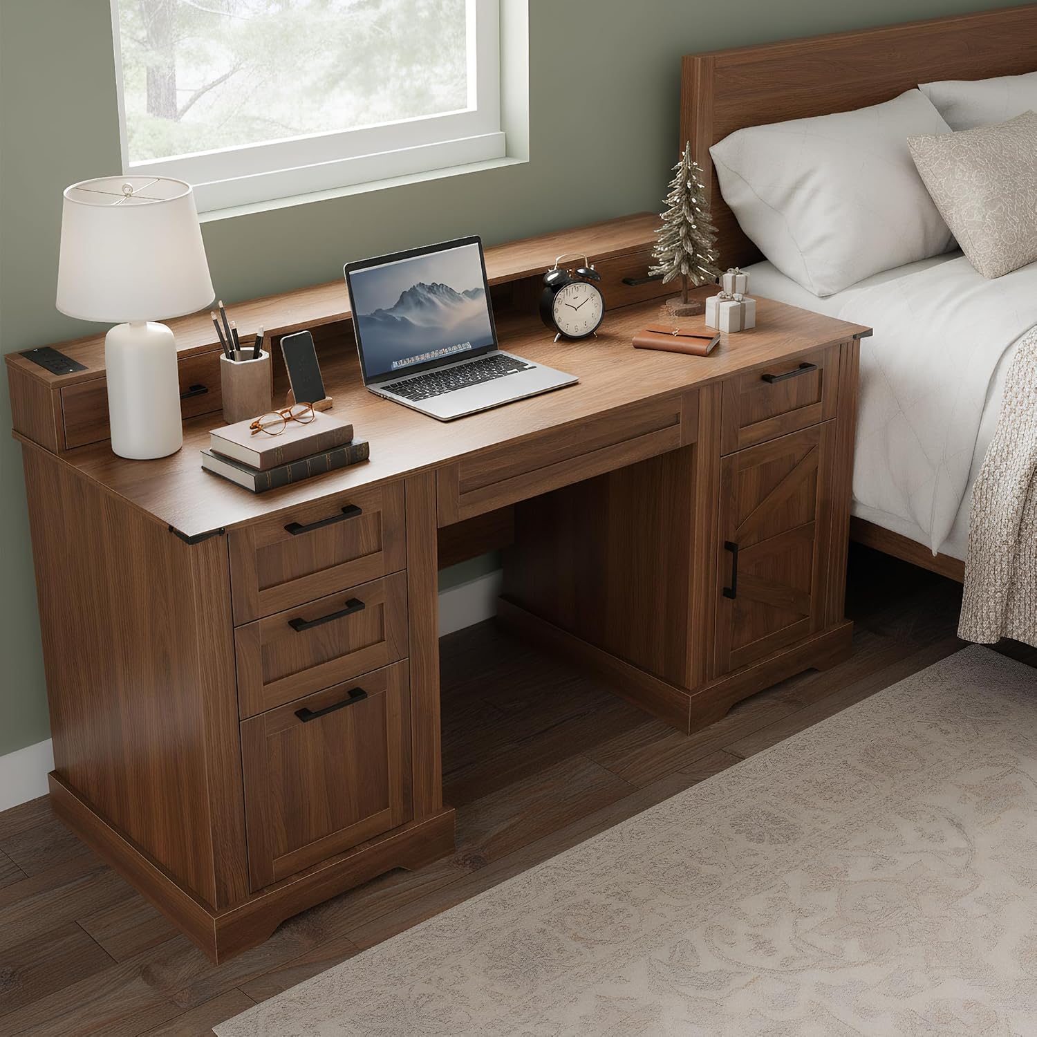 59.5' Farmhouse Office Desk with USB Charging Station, Fixed Monitor Stand with Drawers, Convertible Keyboard Tray & File Cabinet, Home Computer Workstation with Large Storage