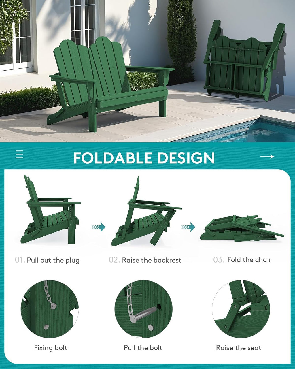 SERWALL Folding Adirondack Bench, HDPE All-Weather Adirondack Loveseat, 660 lbs Capacity, Foldable Outdoor Patio Bench for Deck, Lawn, Garden, Green