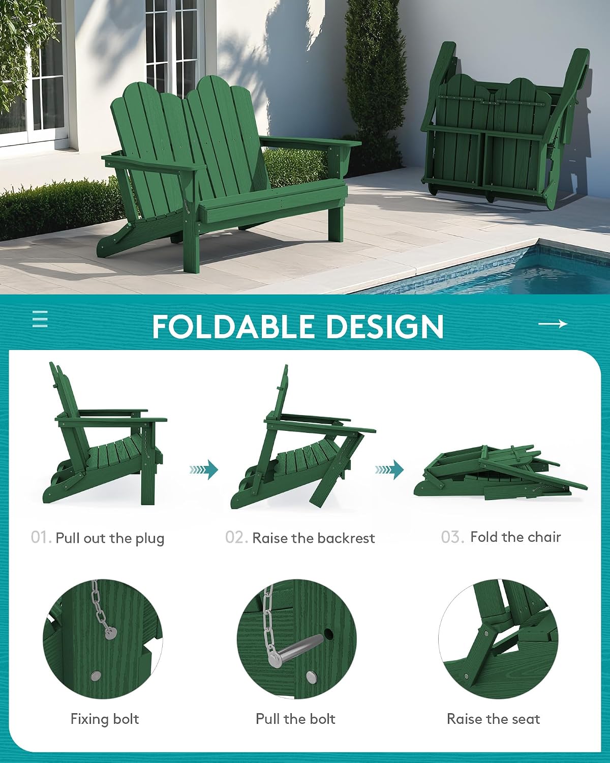 SERWALL Folding Adirondack Bench, HDPE All-Weather Adirondack Loveseat, 660 lbs Capacity, Foldable Outdoor Patio Bench for Deck, Lawn, Garden, Green