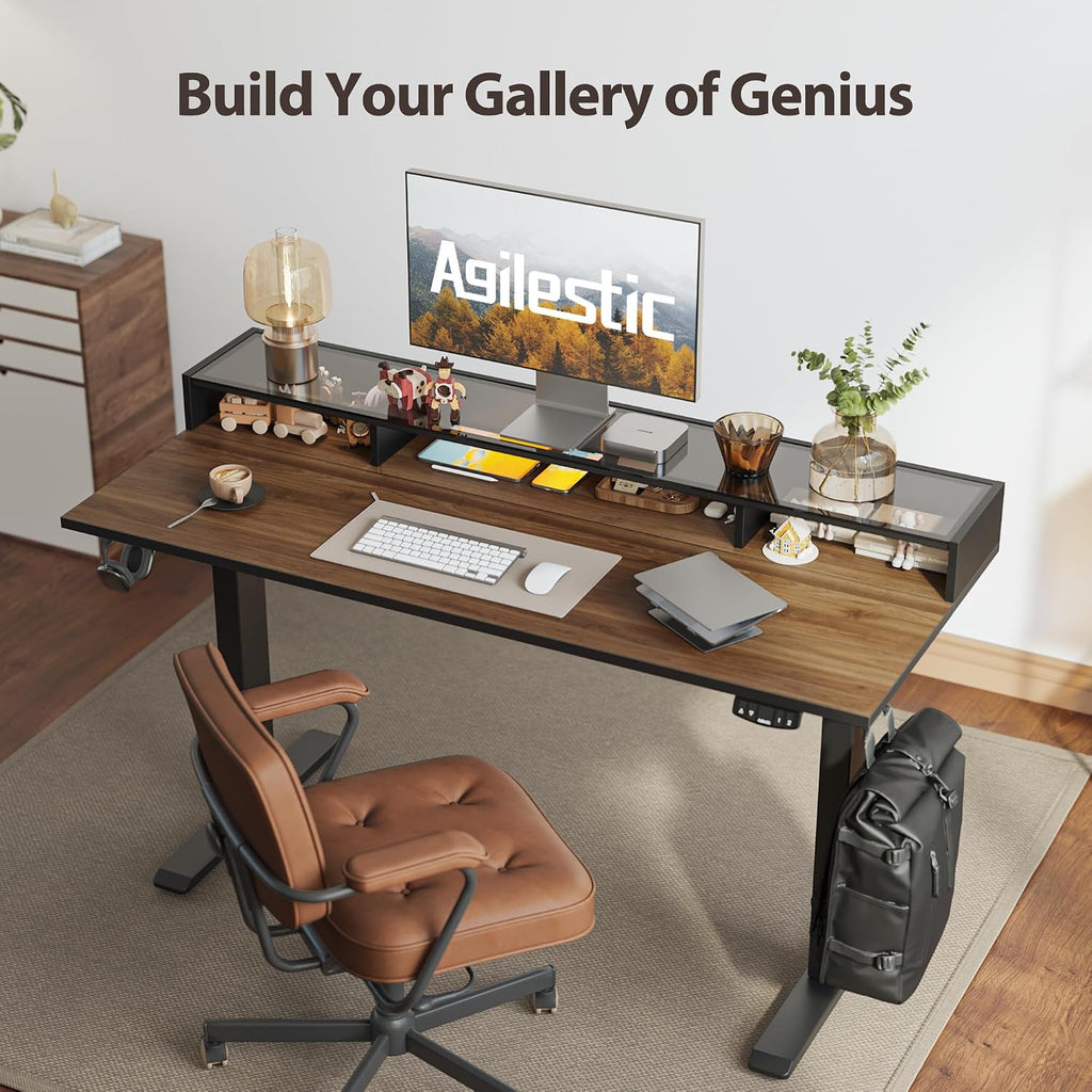 Agilestic 48 x 24 Inches Electric Standing Desk with Storage, Adjustable Height Sit and Stand Computer Table with Glass Shelf, Splice Board, Dark Walnut