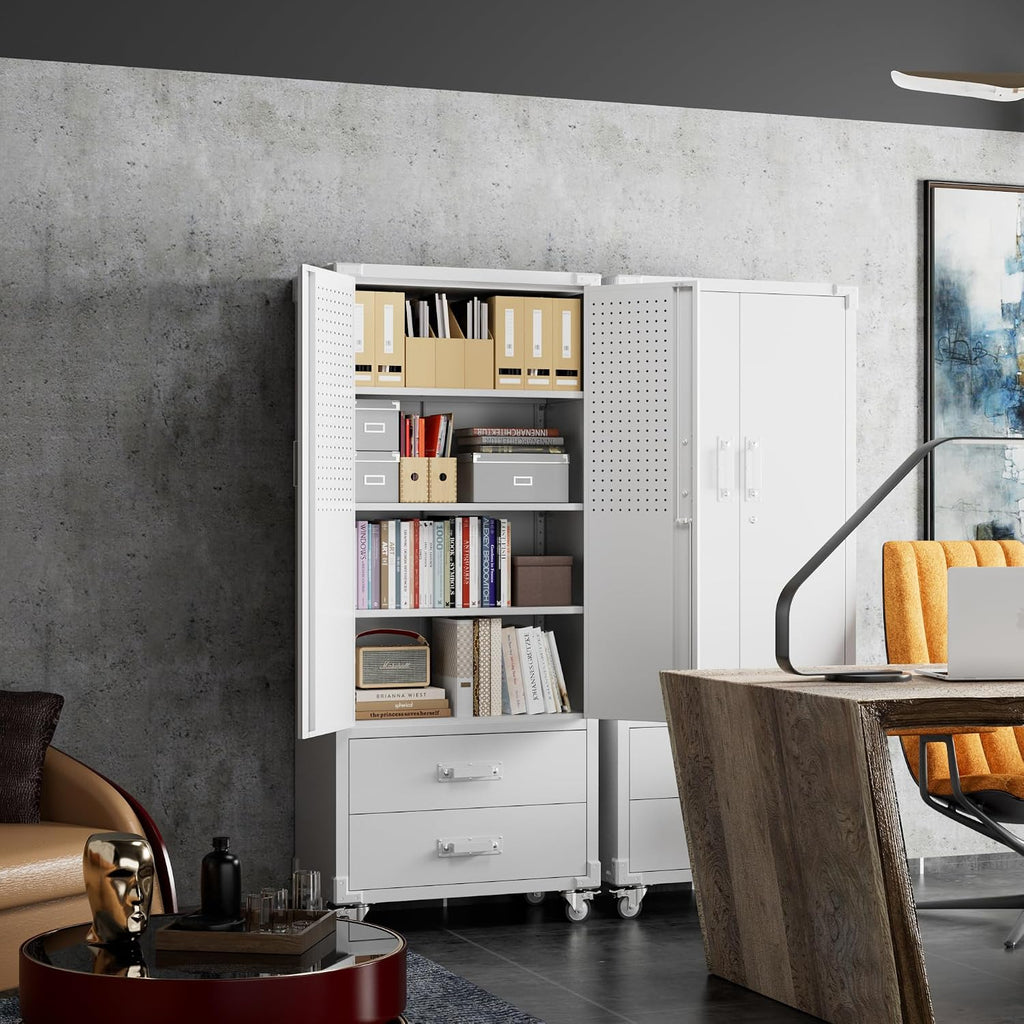 Reemoon Garage Storage Cabinet with 2 Drawers and Pegboard, Metal Storage Cabinet with 2 Lockable Doors for Garage Home Warehouse,Required Assembly,White,71.2' H*15.2' D*30' W