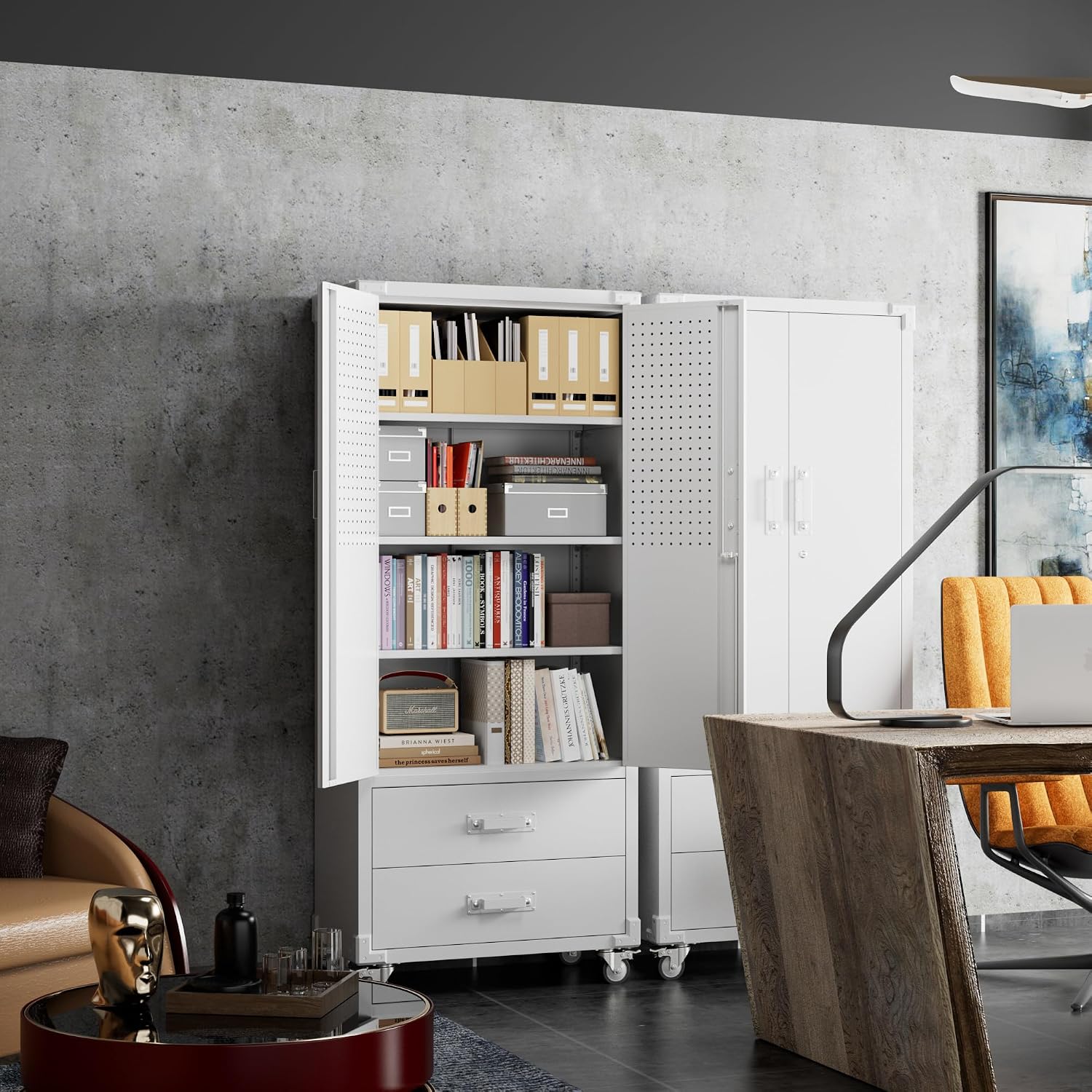 Reemoon Garage Storage Cabinet with 2 Drawers and Pegboard, Metal Storage Cabinet with 2 Lockable Doors for Garage Home Warehouse,Required Assembly,White,71.2' H*15.2' D*30' W