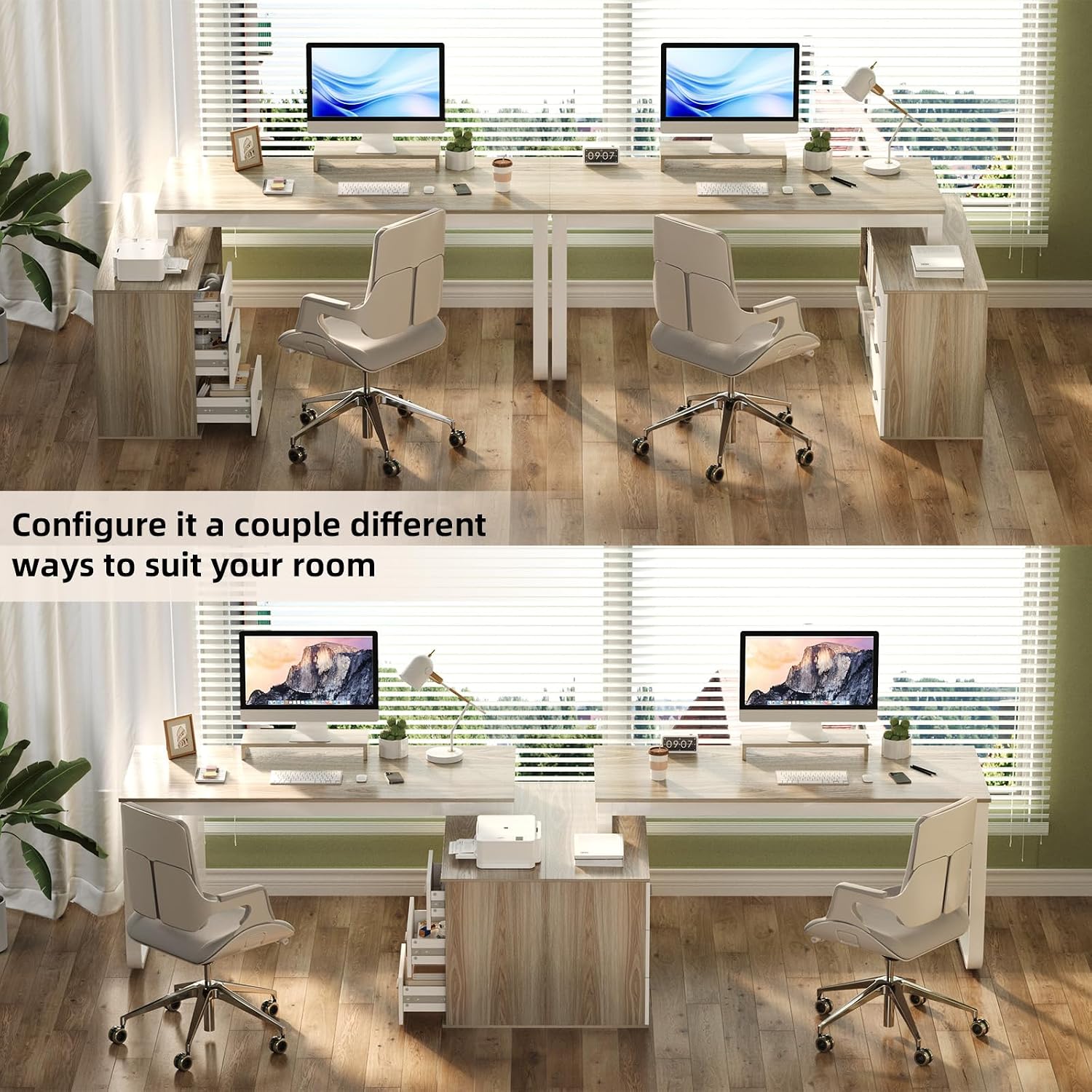 HOMBCK L Shaped Desk with Drawers and Shelves, 55' Office Desk with Storage, Removable Monitor Stand, Reversible L Shaped Desk, Corner Desk for Bedroom,Home Office, White & Walnut