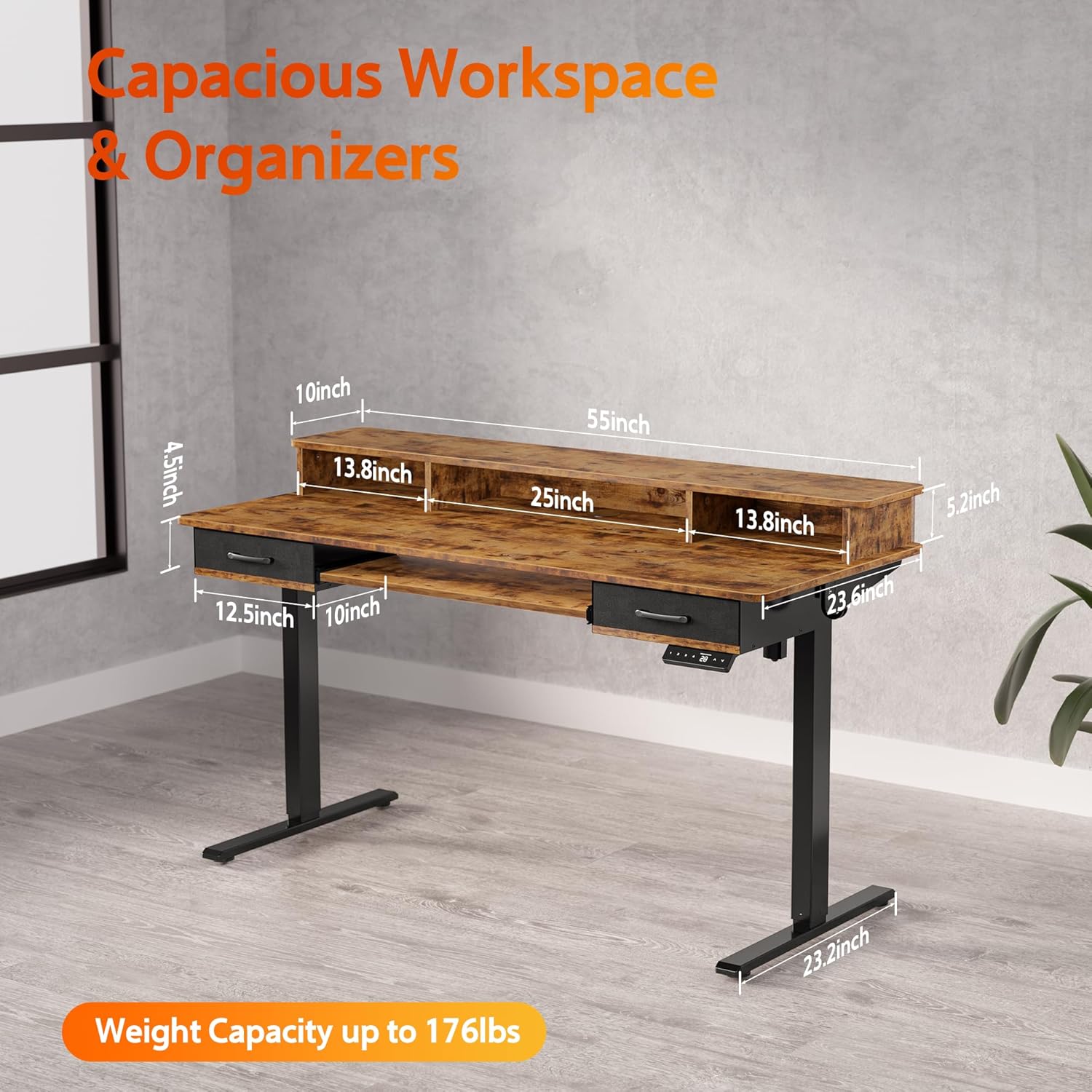 WALKINGDESK 55x24 Inches Electric Standing Desk with Keyboard Tray, Height Adjustable Stand up Desk with 2 Drawers, Ergonomic Sit to Stand Desk with Storage Monitor Stand, Computer Table, Rustic Brown