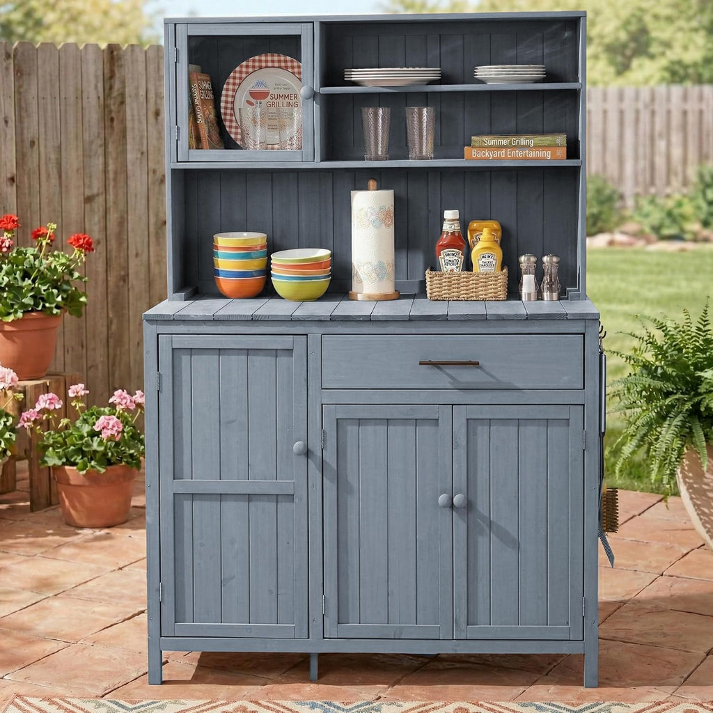 Potting Bench with Hutch, 65' H Solid Fir Wood Garden Workstation, Large Countertop, Patio Kitchen Island with Adjustable Shelves, Spice Rack, Side Hook and Drawer (Gray-P1)