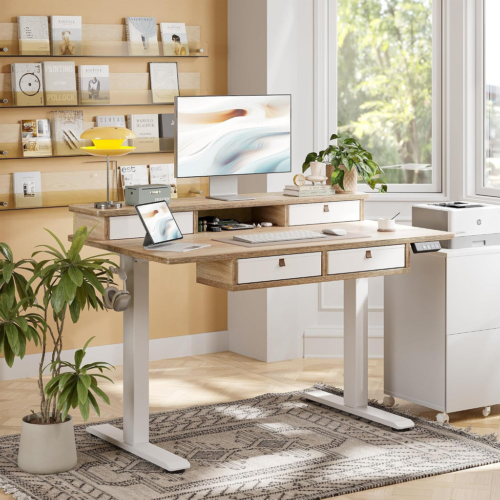 TIQLAB 48 * 28 Inch Standing Desk with Four Drawers, Electric Sit Stand Table, Stand Up Desk Adjustable Height with Storage Shelf, Splice Board, Maple