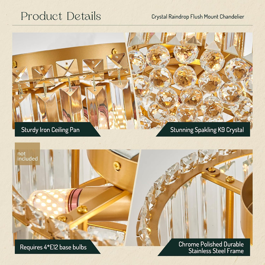 12.6' Gold K9 Crystal Raindrop Flush Mount Ceiling Light, Modern Chandelier, Round Luxury Light Fixture for Dining Room, Bedroom, Hallway, Kitchen Island & Living Room