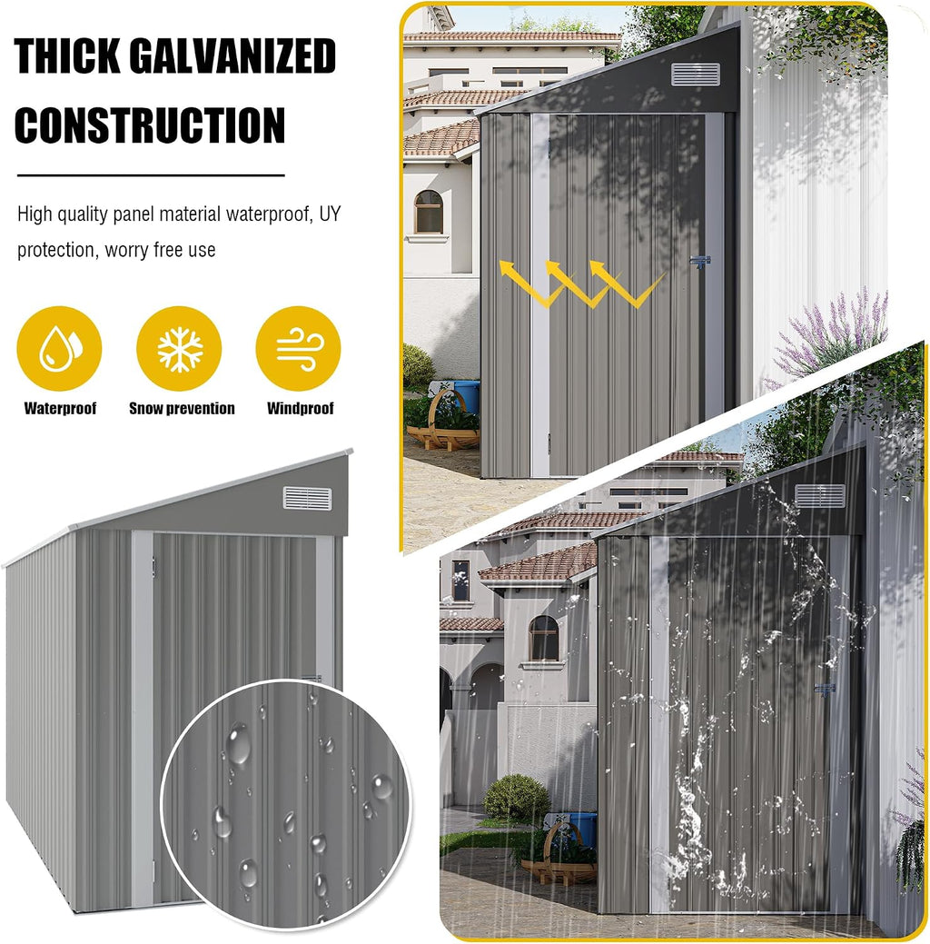 YOPTO 4×8 FT Outdoor Metal Storage Shed,Heavy-Duty Lean to Storage Shed with Lockable Single Side Hinge Door,Waterproof Metal Storage Tool House W/Sloping Roof,Air Vent&Protect Film,for Backyard,Gray