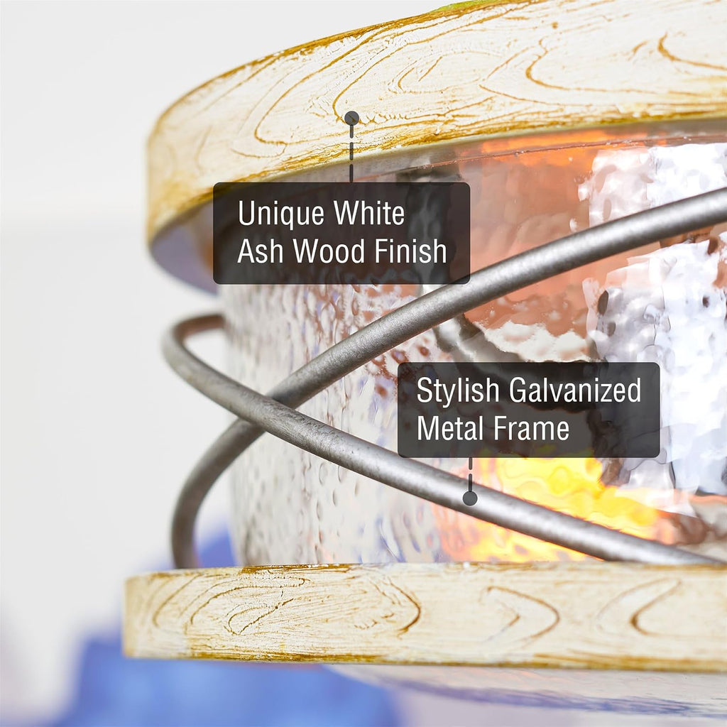 Kira Home Blaylock 13' 2-Light Farmhouse Flush Mount Ceiling Light with Hammered Glass Shade, Modern Hand-Painted Wood Grain Metal Fixture, White Ash Wood and Galvanized Steel Finish