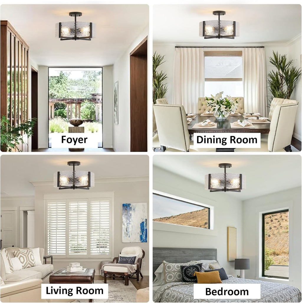 18' Black Large Semi Flush Mount Ceiling Light, 4-Light Farmhouse Ceiling Light, Foyer Light Fixtures Modern Glass Ceiling Mount for Entryway Bathroom Hallway Bedroom Kitchen