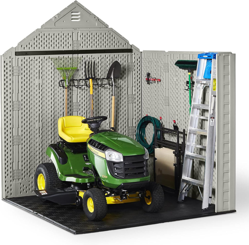 Rubbermaid 7 by 7 Feet Durable Weatherproof Plastic Outdoor Storage Shed for Garden Tool and Lawn Machinery Organization, Sandstone, 2 Pack