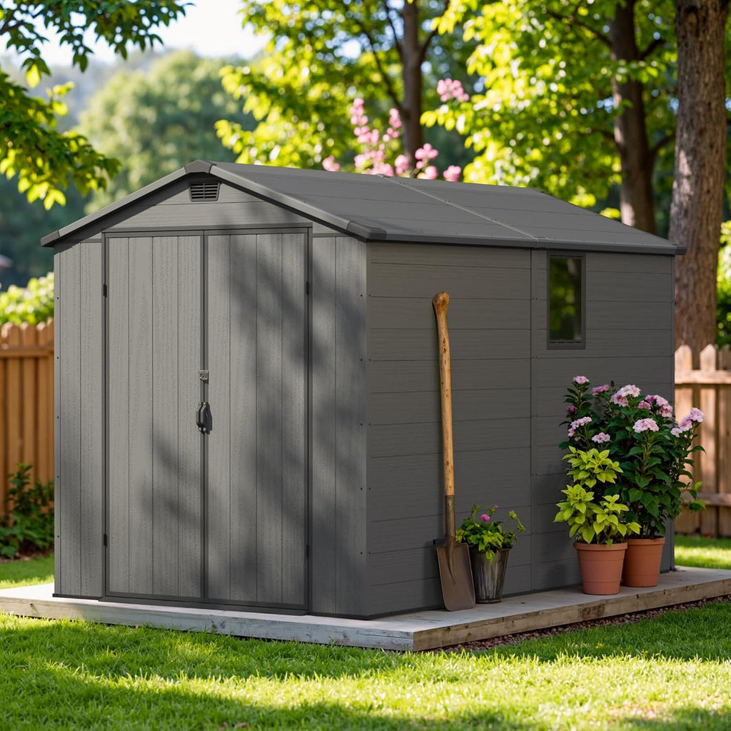 Greesum 6x10FT Plastic Storage Shed with Floor, Resin Outdoor Storaged Sheds with Lockable Double Door, Window and Vents, All-Weather Tool Sheds for Garden, Backyard, Patio, Dark Gray